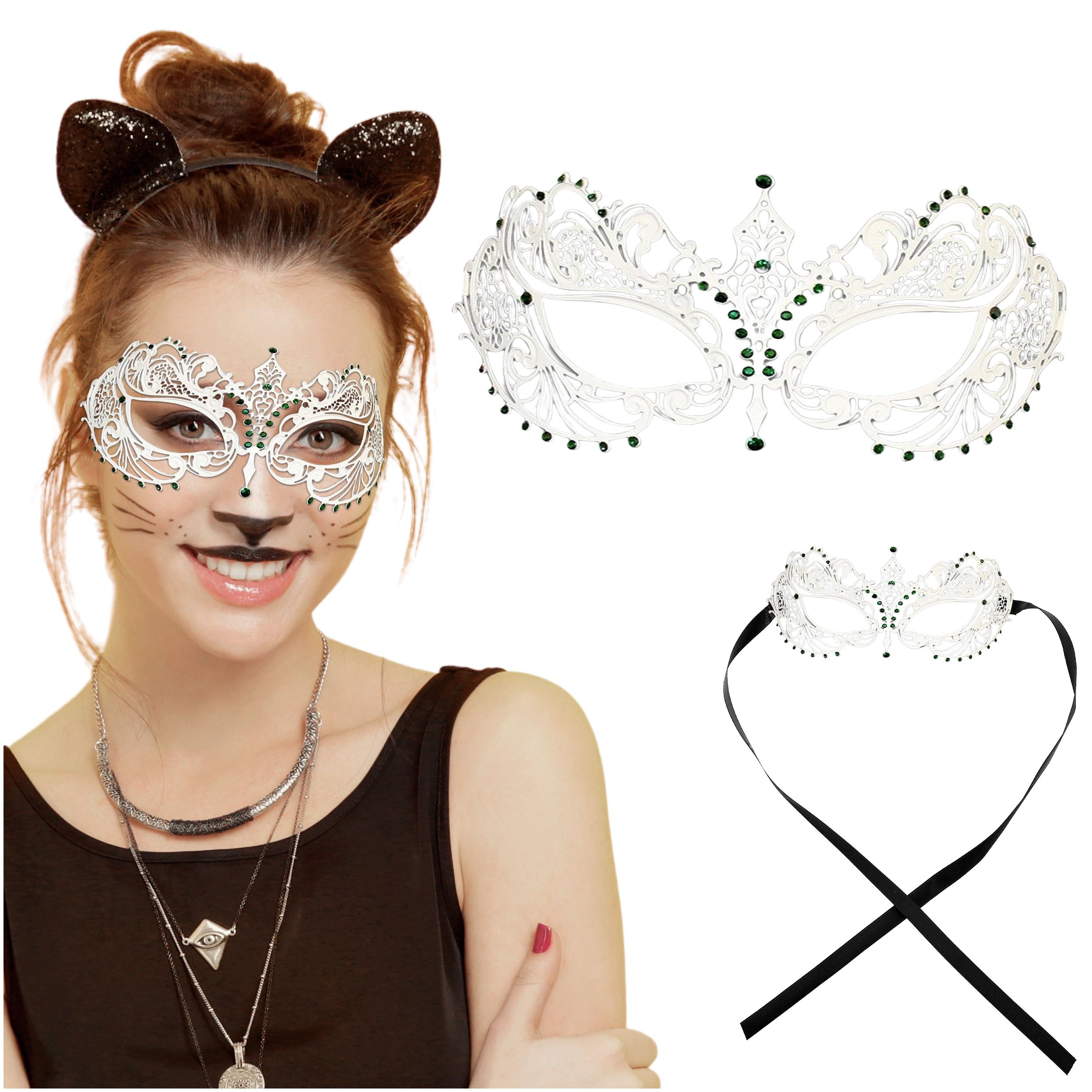 Masquerade Mask for Women with Rhinestones - Elegant Metal Venetian Face Mask for Masquerade Parties, Mardi Gras, Prom