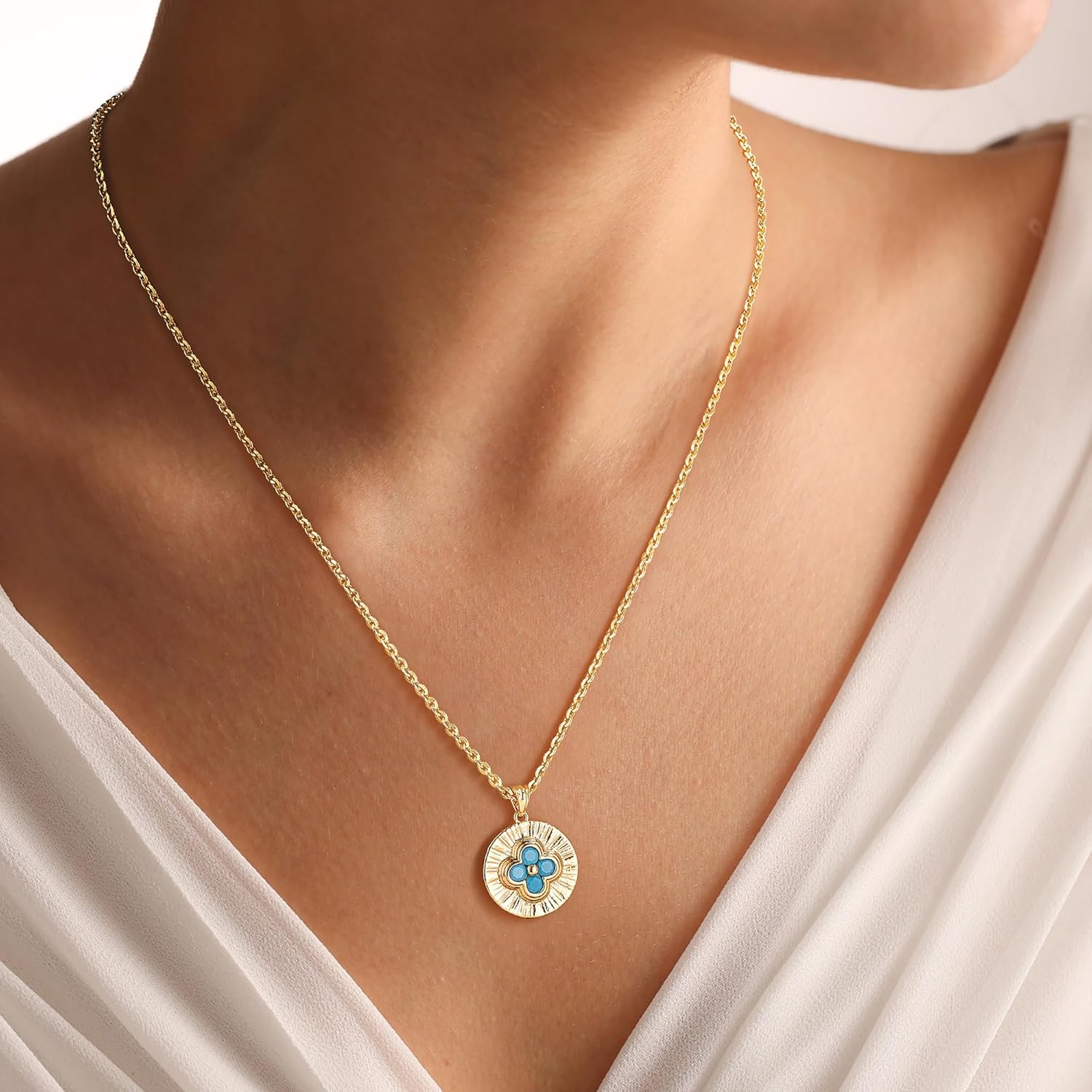 MEVECCO Gold Necklace for Women 18K Gold Plated Dainty Turquoise Stone Oval Round Shaped Flower Necklace Handmade Womens Jewelry Gifts - Image 2