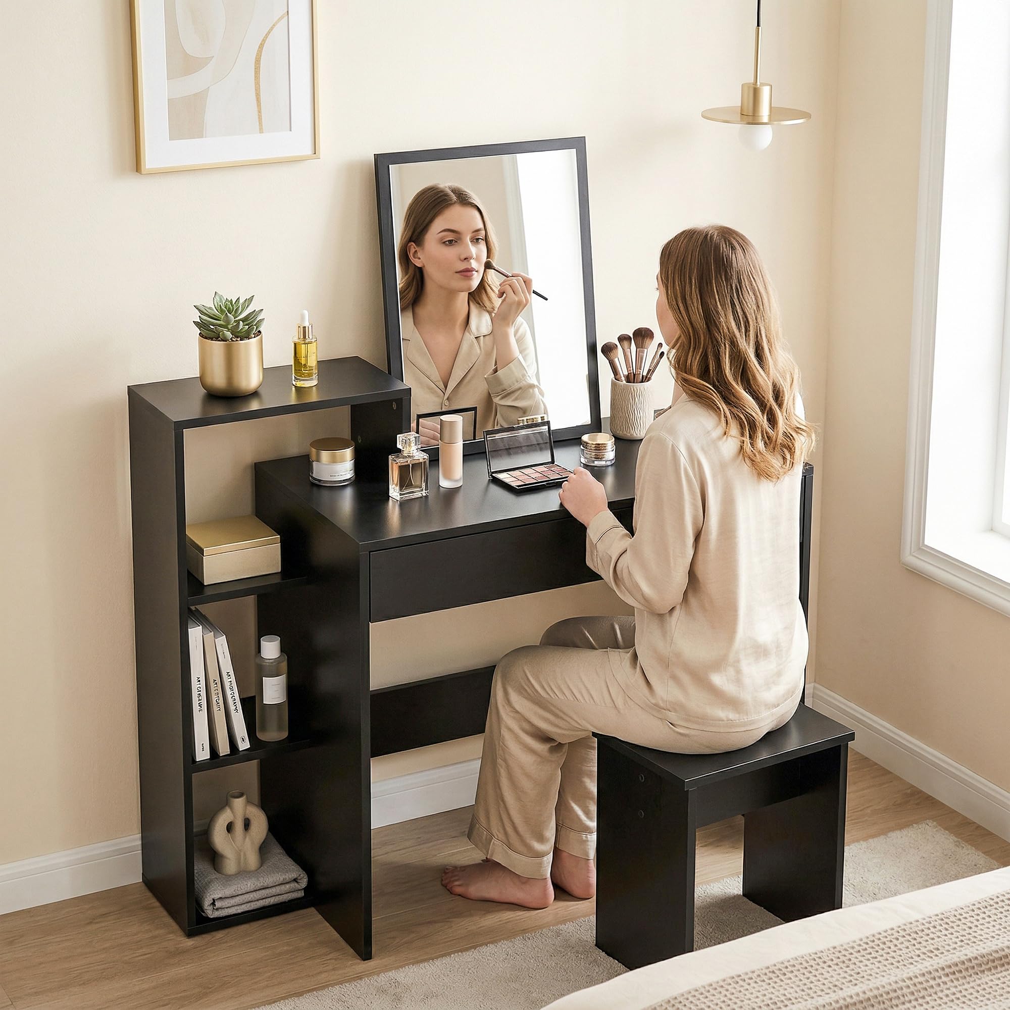 HOMCOM Escritorio con Almacenamiento, Escritorio PC, 100x40x90 cm, Negro | con 3 estantes, cajón, estación de trabajo, Escritorio de computadora para teletrabajo, sala de estar