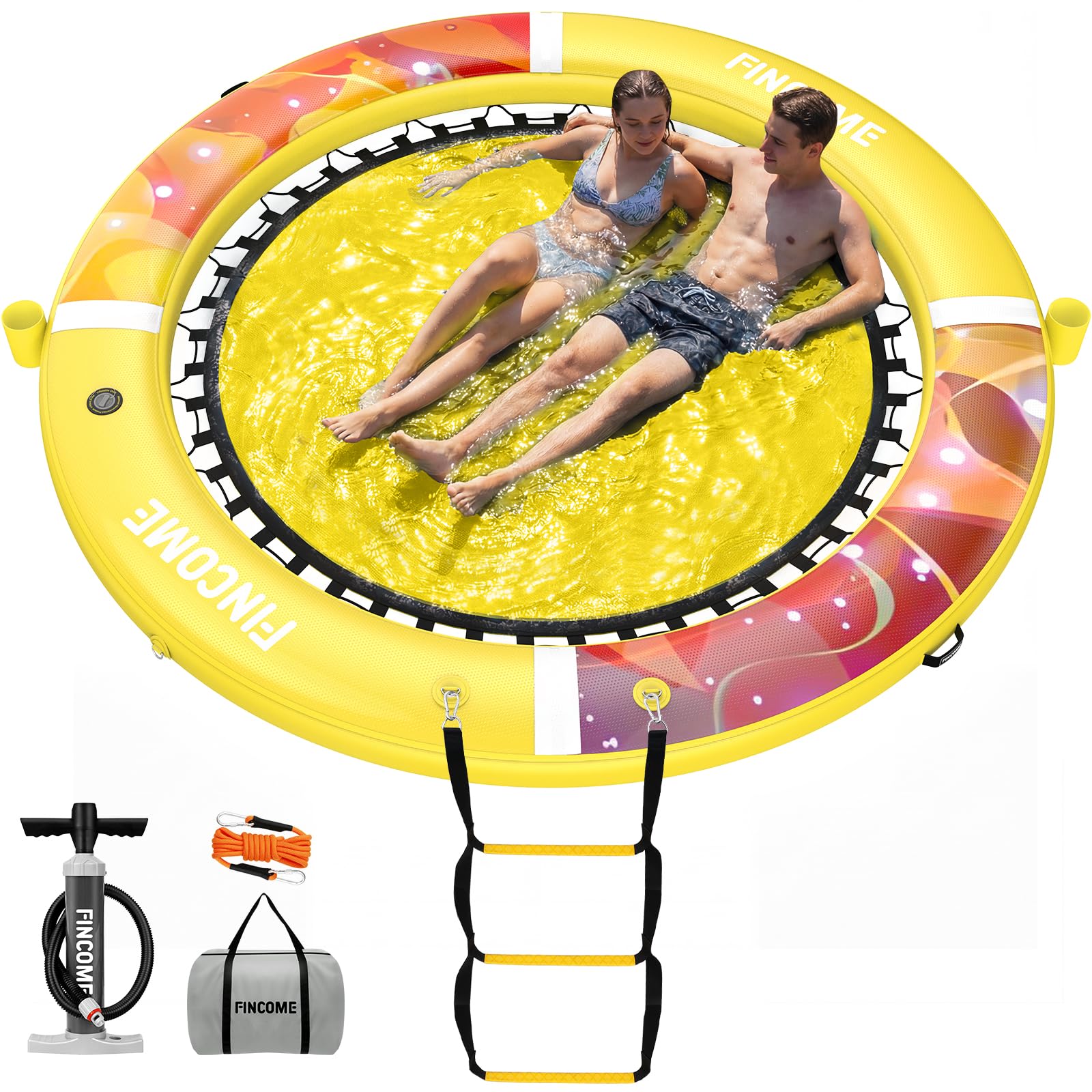 Inflatable Water Hammock Floating Dock, 10/8/6FT Round Floating Ring with Water Ladder and Cup Holder, Inflatable Dock Floating Platform Island Raft