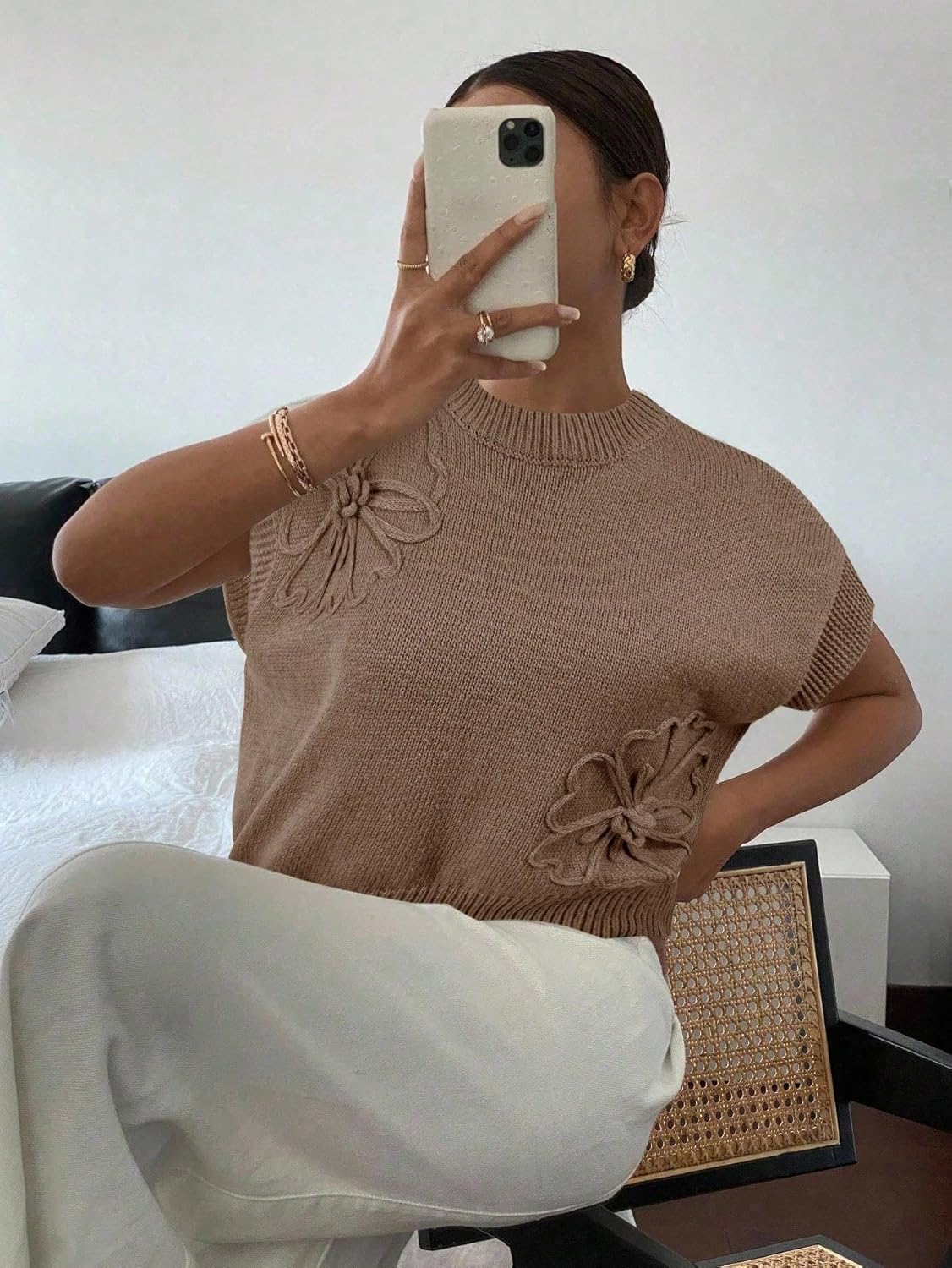 SOLY HUX Women's Short Sleeve Sweater 3D Floral Sweaters Pullover Tank Tops Knit Vest Trendy Fashion Clothing Khaki Small - Image 5