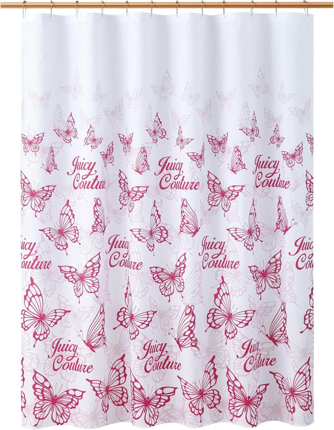 Juicy Couture 70"x72" Fabric Shower Curtain with 12 Hooks, Pink Juicy Butterfly 13-Piece Shower Set