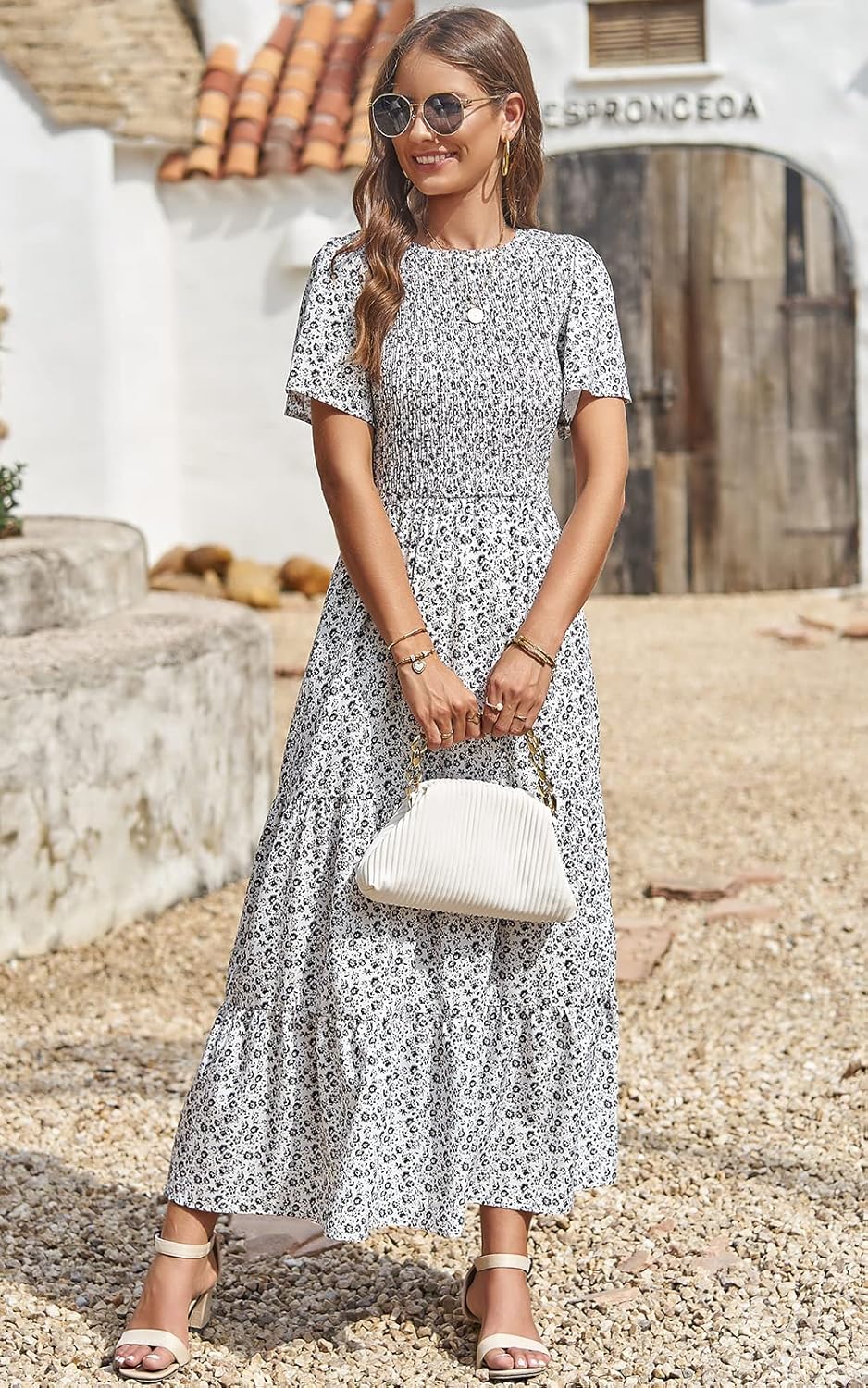 PRETTYGARDEN Women's 2026 Spring Casual Flutter Short Sleeve Boho Floral Maxi Dress Crew Neck Smocked Tiered Long Dresses - Image 5