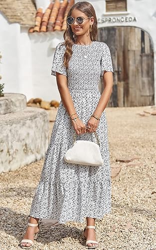 Miniatura 5 de PRETTYGARDEN Vestido largo casual de verano para mujer, de manga corta, bohemio, floral, cuello redondo, fruncido y escalonado