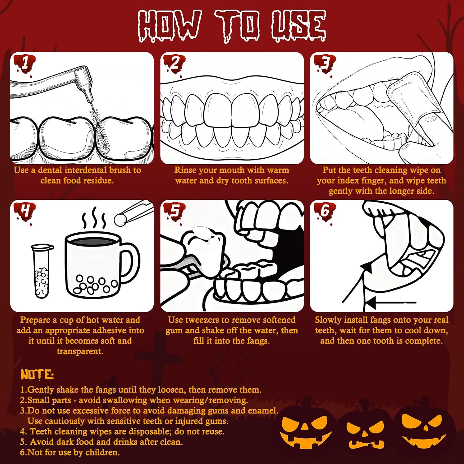 4 Pairs Fake Fangs Vampire Teeth for Cosplay&Complete Oral Hygiene Kit, 2 Interdental Brushes and 2 Deep Cleaning Teeth Wipes, Halloween Party Vampire Accessories for Halloween Cosplay Costume Makeup