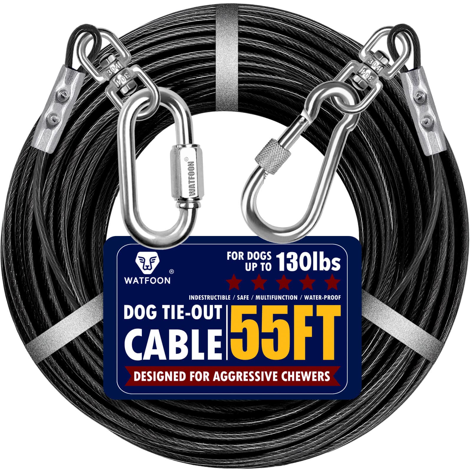 Dog Leads for Yard, 55ft Tie Out Runner Steel Wire Cable, Heavy Duty Pet Tether Chains for Dogs Up to 130 Lbs, Outside, Camping, Park (55ft-Black) โ image 1