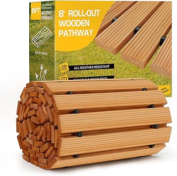 8FT Wooden Garden Pathway, Roll Out Wooden Pathway Weather-Resistant Walkway for Outdoor Patios 17" W Roll Out Hardwood Walkway with Non-Slip Surface Wedding Party Pathways (Straight)