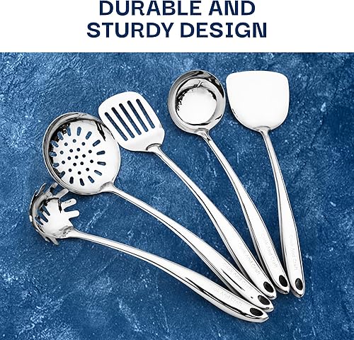 Miniatura 5 de Juego de utensilios de cocina de acero inoxidable de 5 piezas, utensilios de cocina de metal, espátula, cucharón, espátula ranurada, servidor de