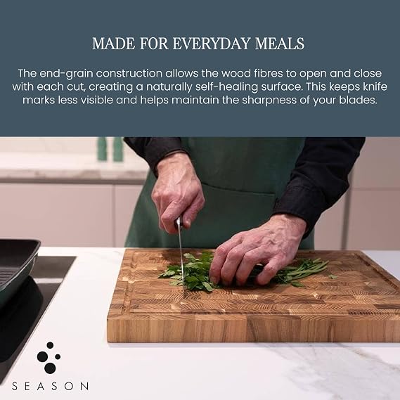 Season Teak End Grain Chopping Board – Small - Wooden Butcher’s Block for Everyday Prep, Gentle On Knives and Built for Long-Lasting Use – Solid Teak Wood Board for Cutting, Carving and Serving