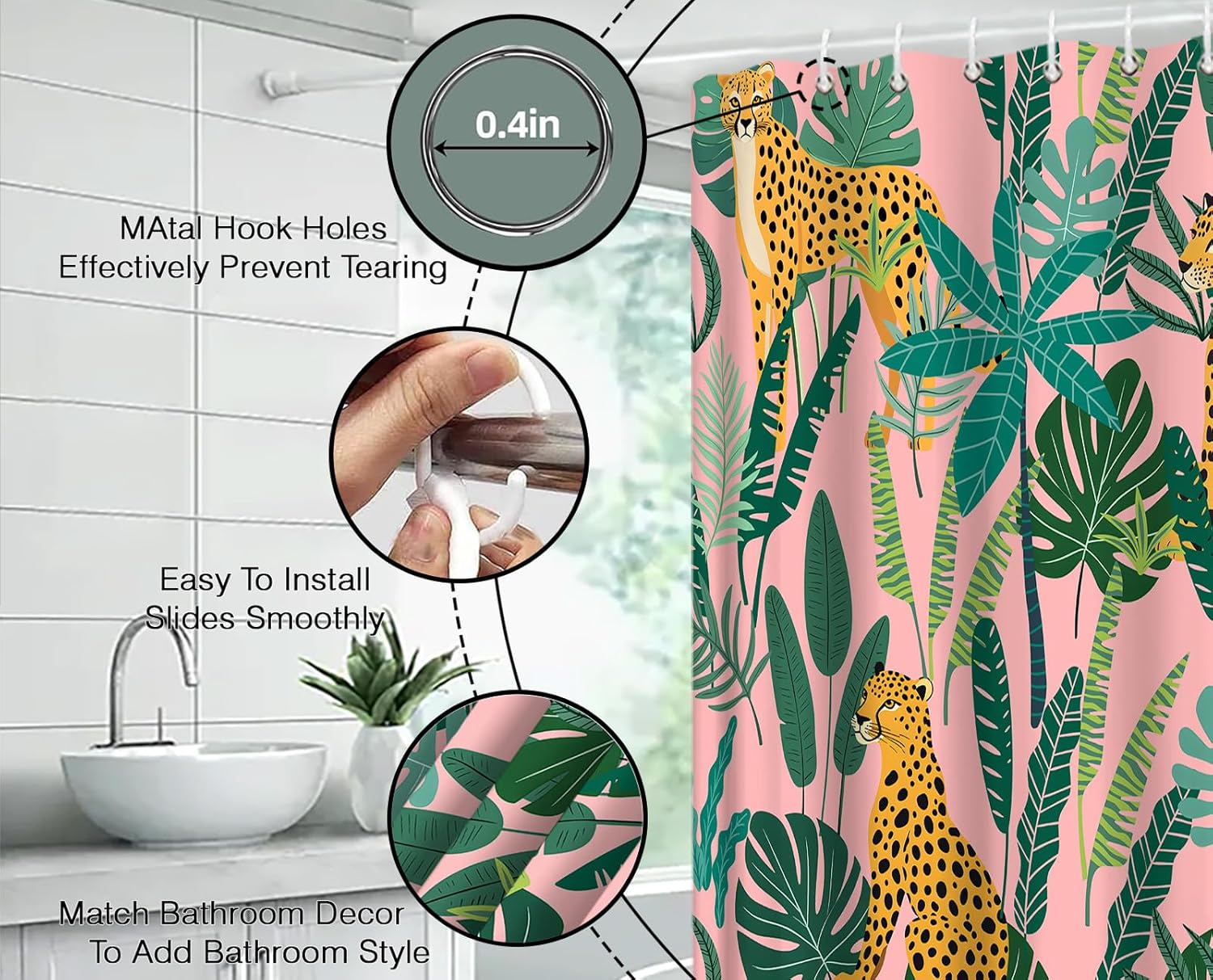 Leopard Shower Curtain Wildlife Animal Leopard Asian Cheetah Tiger Tropical Palm Leaf Jungle Rainforest Bathroom Home Decor with Hooks,71 x 84 Inch