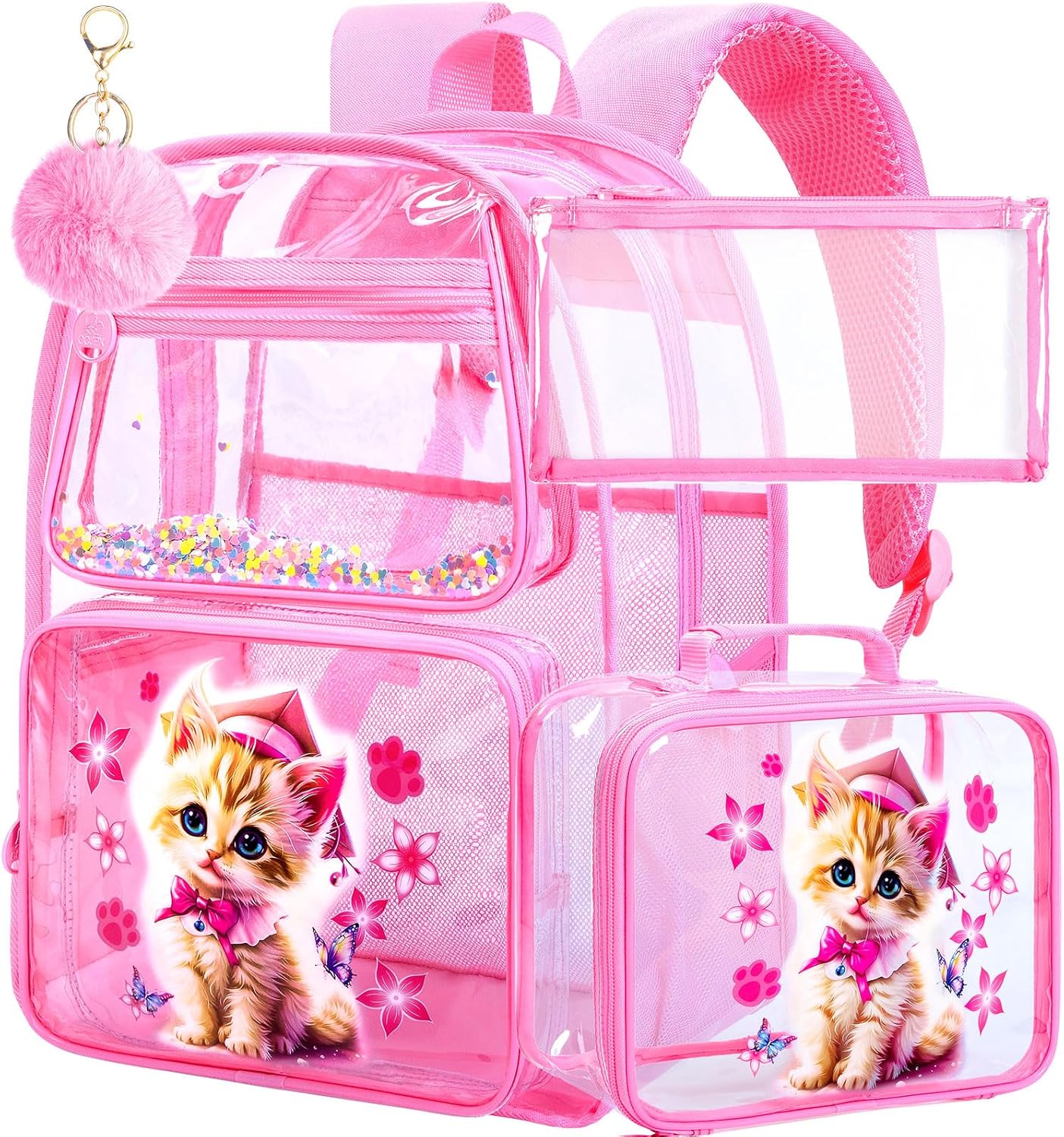 AGSDON 3PCS Clear Backpack for Girls, See Through Backpacks for Kids with Lunch Box, Heavy Duty Transparent Bookbag - Cat