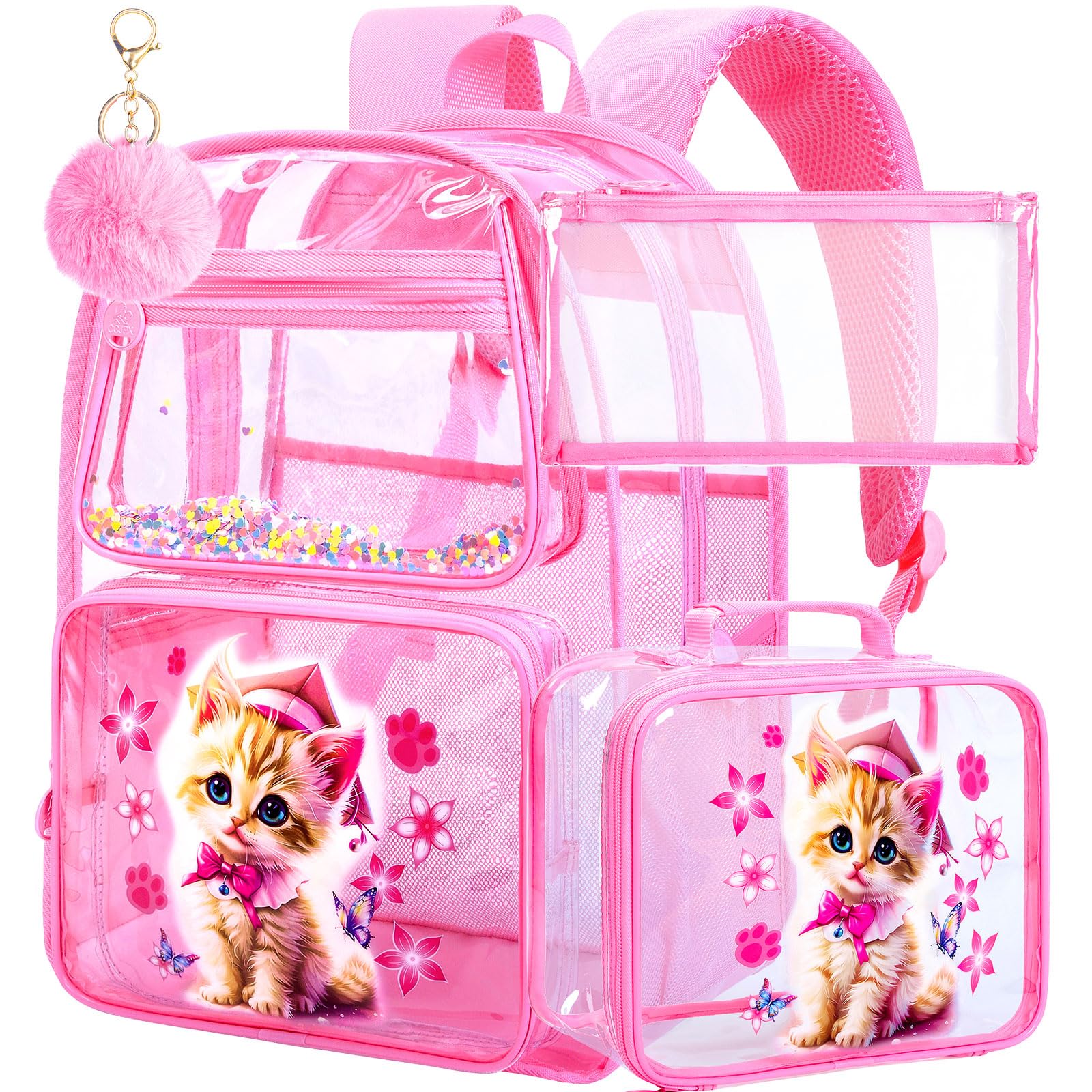 AGSDON 3PCS Clear Backpack for Girls, See Through Backpacks for Kids with Lunch Box, Heavy Duty Transparent Bookbag - Cat
