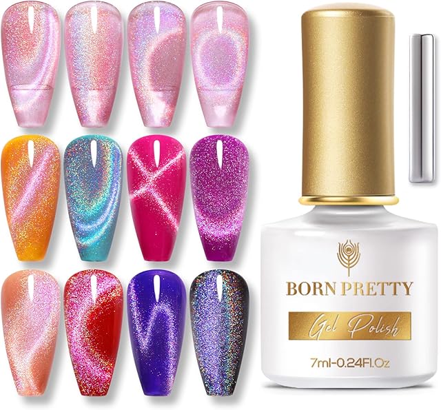 BORN PRETTY Rainbow Cat Magnetic Eye Gel Polish Omnipotent Black Holographic 9D Cat Magnetic Gel Nail Polish Sparkle Gel Polish with Magnetic Stick Nail Art Varnish 7ML