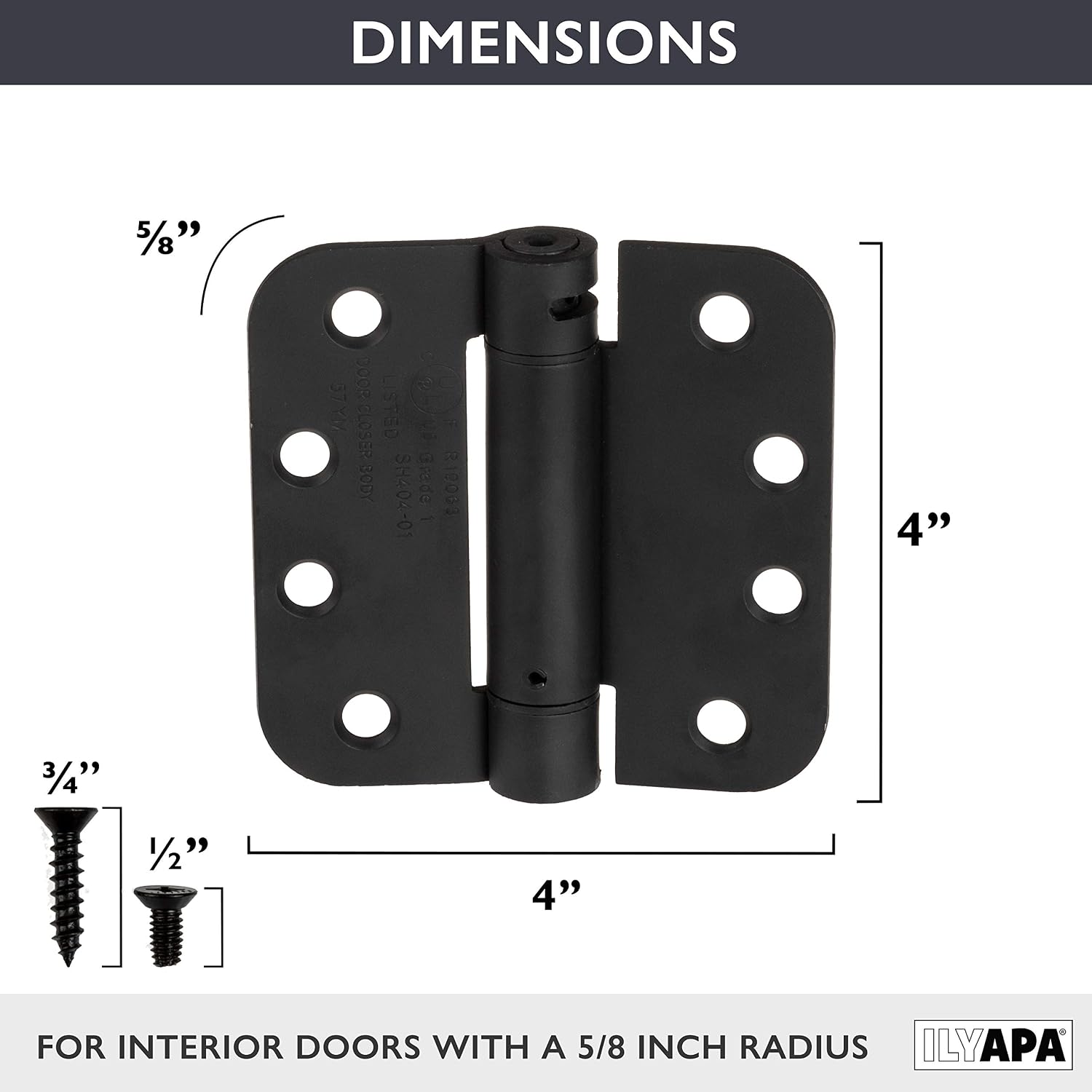 Ilyapa 2 Pack Flat Black Self Closing Door Hinges, 4 x 4 Inch Door Hinges, 4 Inch Flat Black Spring Hinges, Auto Closing Hinges for Doors, Closets, Bathrooms - 4 Inch with 5/8 Inch Radius Corners