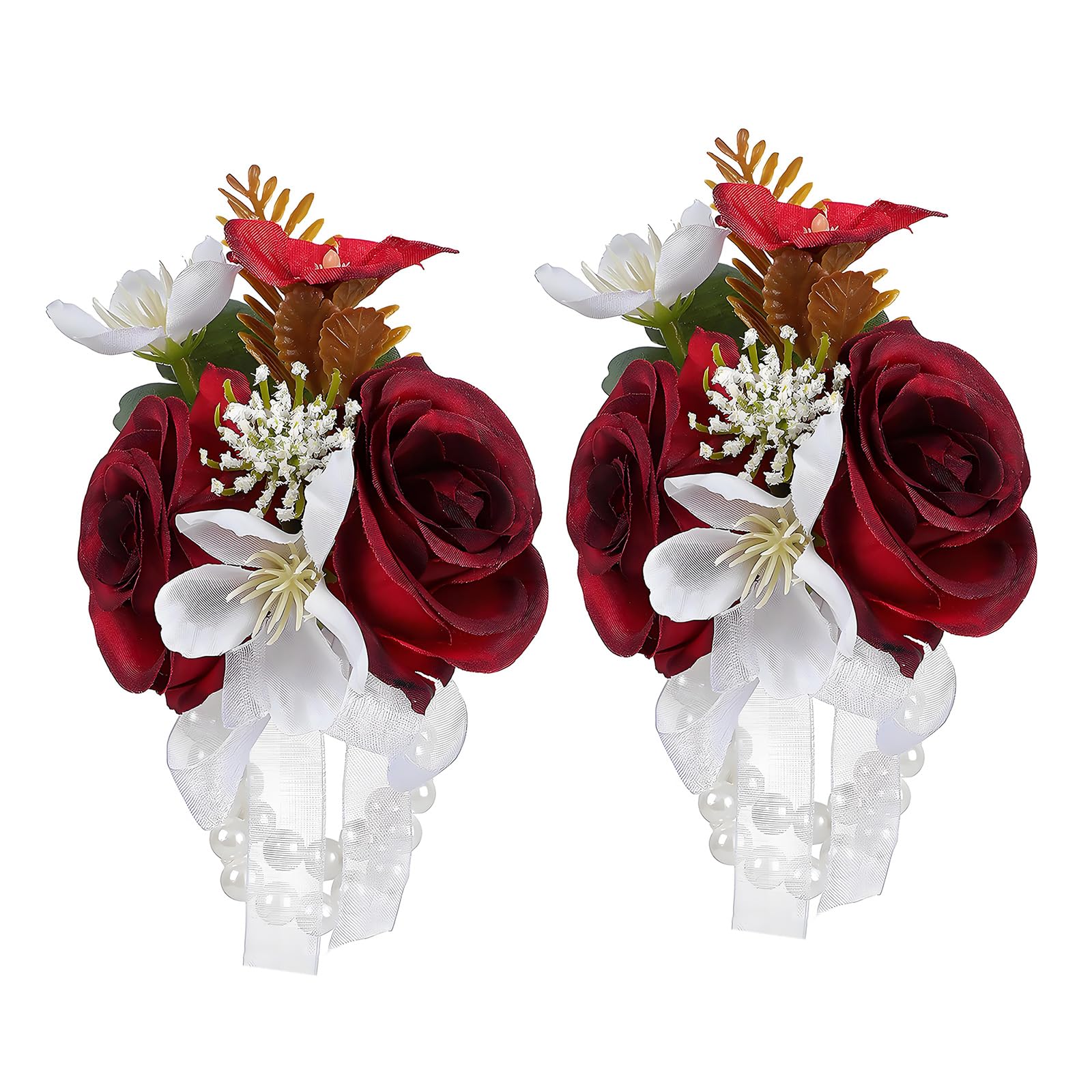 NEWFT Delicate Pearls Chain Wristlet Beautiful Silk Wrist Corsage With Duals Pearls For Formal Event And Celebration