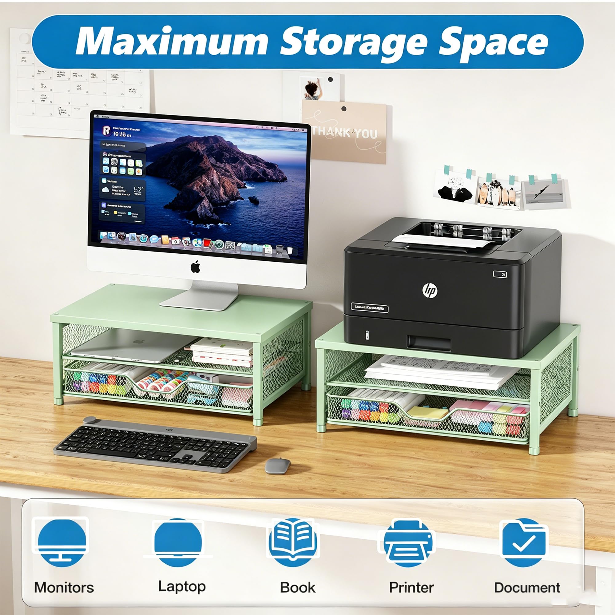 OPNICE Computer-Monitorständer, Schreibtisch-Organizer mit Schublade, Drucker- und Laptop-Ständer, Büro-Schreibtischzubehör und Arbeitsplatz, Schreibtisch-Organizer, Aufbewahrung für Bürobedarf (grün)