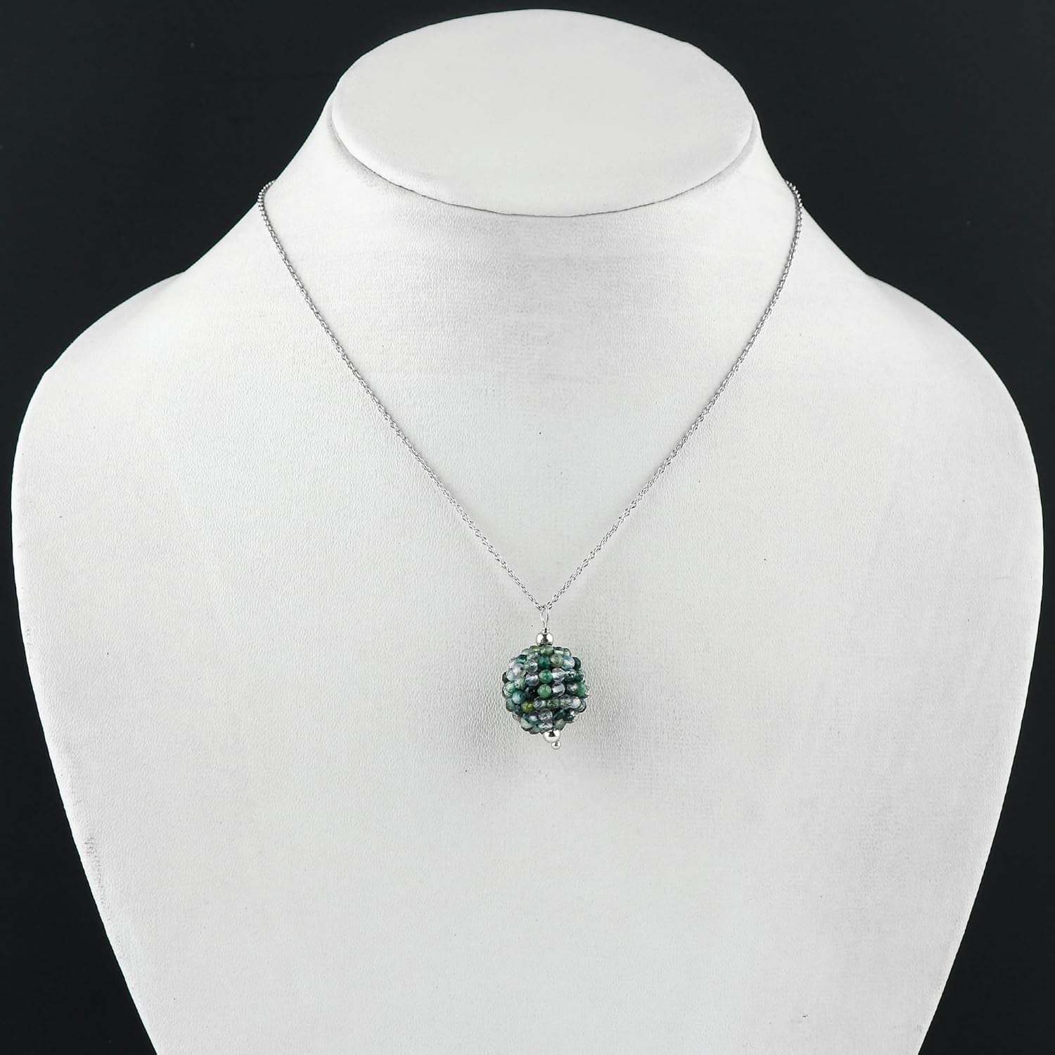 CRYSTALIS Natural Moss Agate Crochet Beads Pendant Necklace, Beaded Micro Ball Shape Crystals, Chakra Healing Gemstone, Women Jewelry, Sterling Silver 18 inch - Image 5
