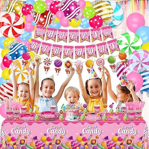 Miniatura 5 de Candyland - Decoraciones de fiesta de cumpleaños con temática de piruletas, incluyendo globos, pancarta, platos, manteles, vasos, servilletas,