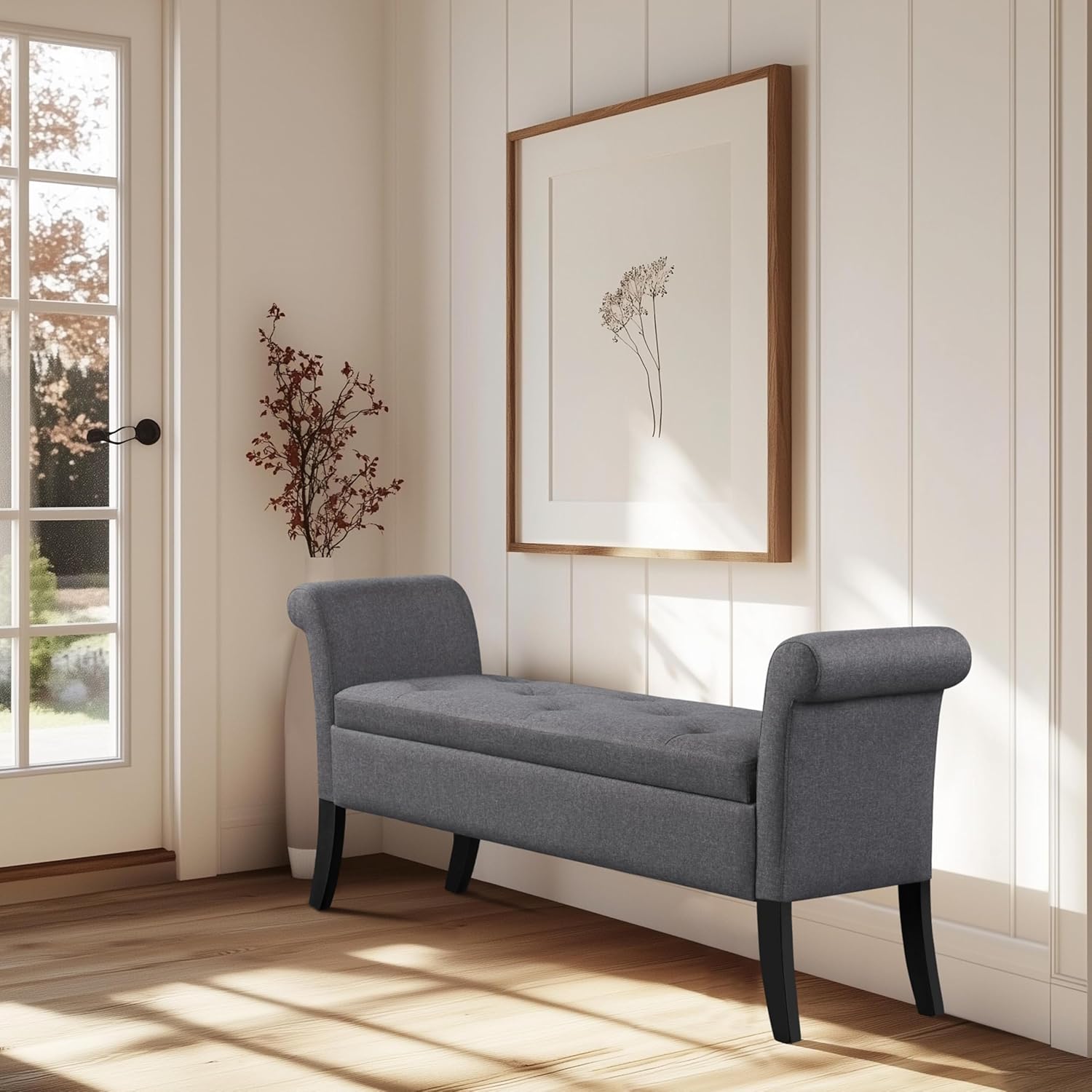 Yaheetech Storage Bench for Entryway Linen Window Bench with Rolled Arms for Bedroom Entryway Window Seat, Dark Gray