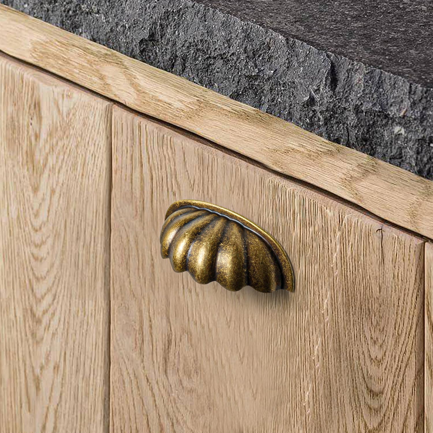 6 Pack 2-1/2 Inch Hole Centre Shell Shape Knob Cabinet Kitchen Drawer Dresser Hardware Pull Vintage Copper Bronze Knobs, Antique Brass