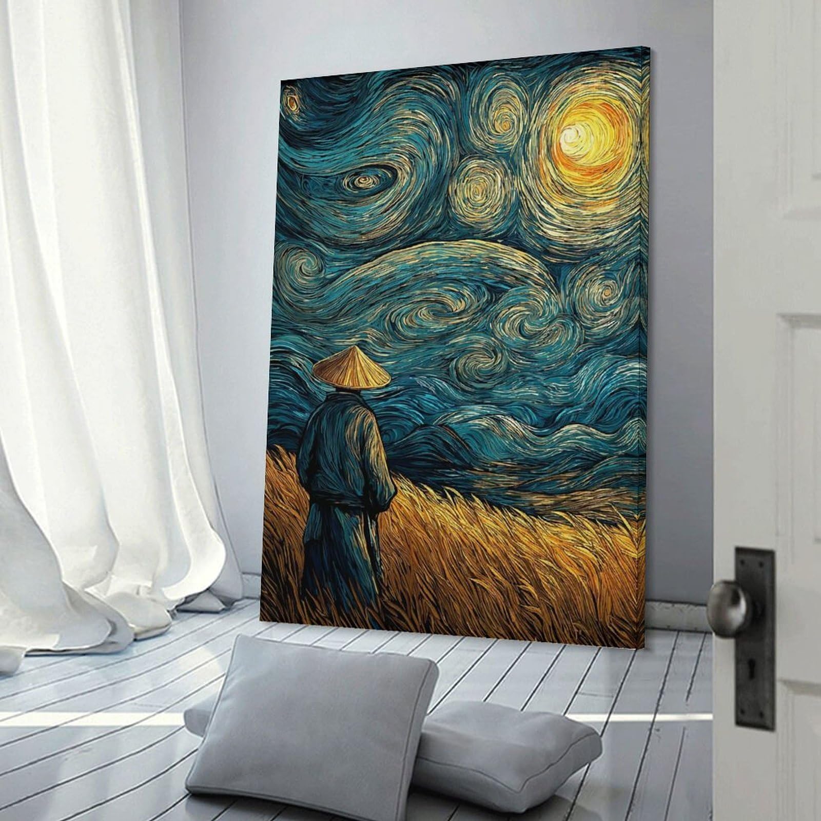 Junmoney Samurai in Starry Night Style Canvas Wall Decor, 24x36inch(60x90cm), for Flats, Guest Rooms Or Compact Rooms, Decorative Canvas Decor for Home Updates