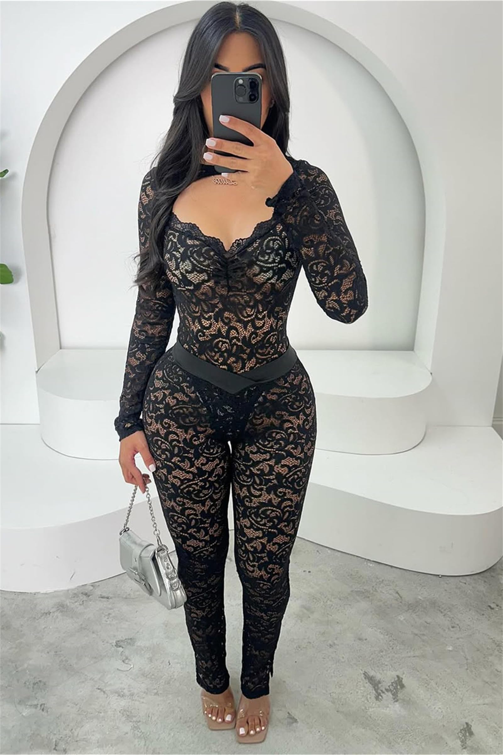 CALEBGAR Tenues sexy 2 pièces pour femme en dentelle transparente à manches longues dos nu bodycon évasé ensemble de leggings
