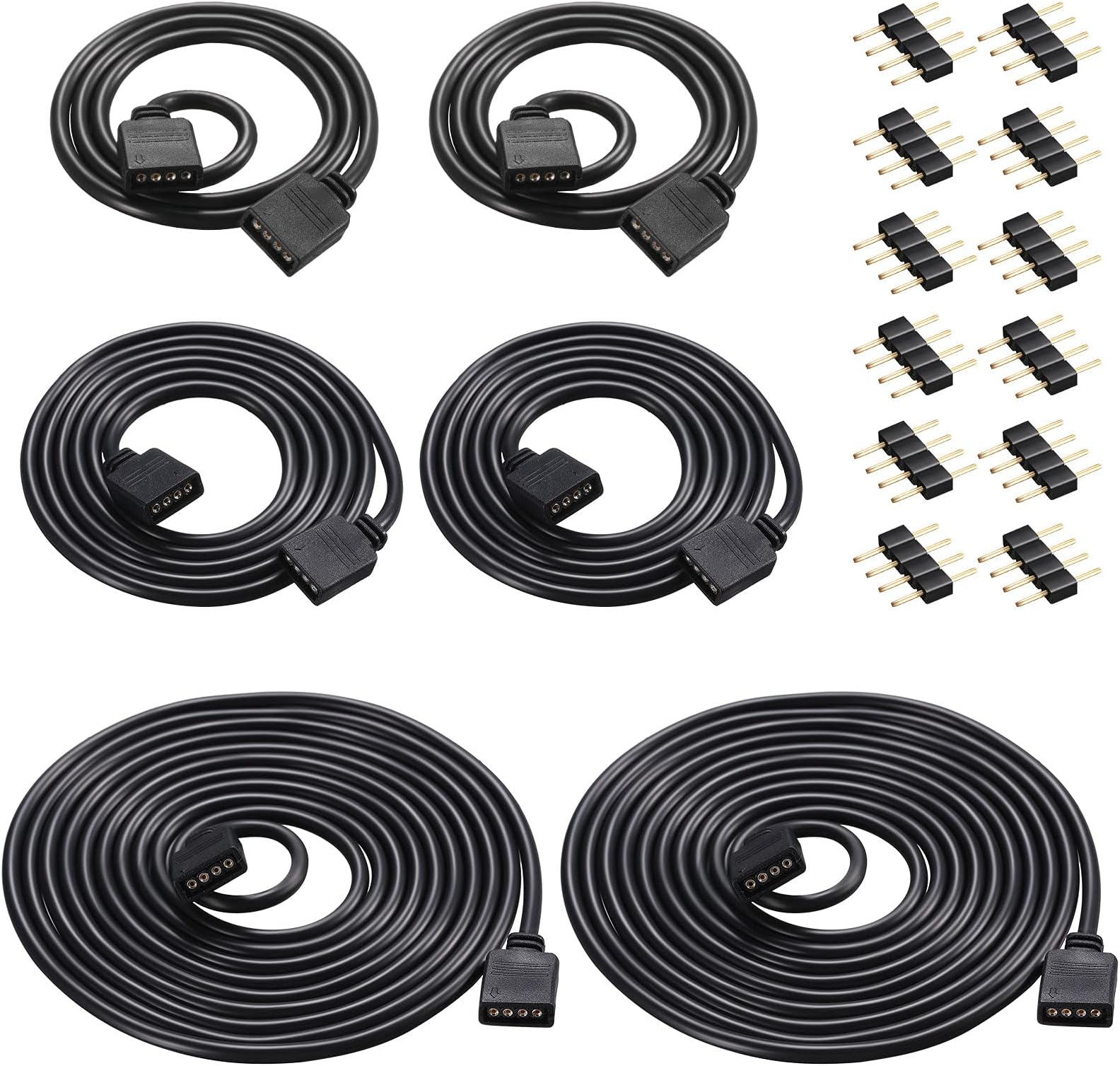 Honoson 6 Pieces 4 Pin RGB Extension Cable LED Strip Connector Cord Wire Cables Kit with 12 Pieces Pin Connector for 5050 3528 RGB LED Strip Light(1.6 FT, 3.3 FT, 6.6 FT,Black)