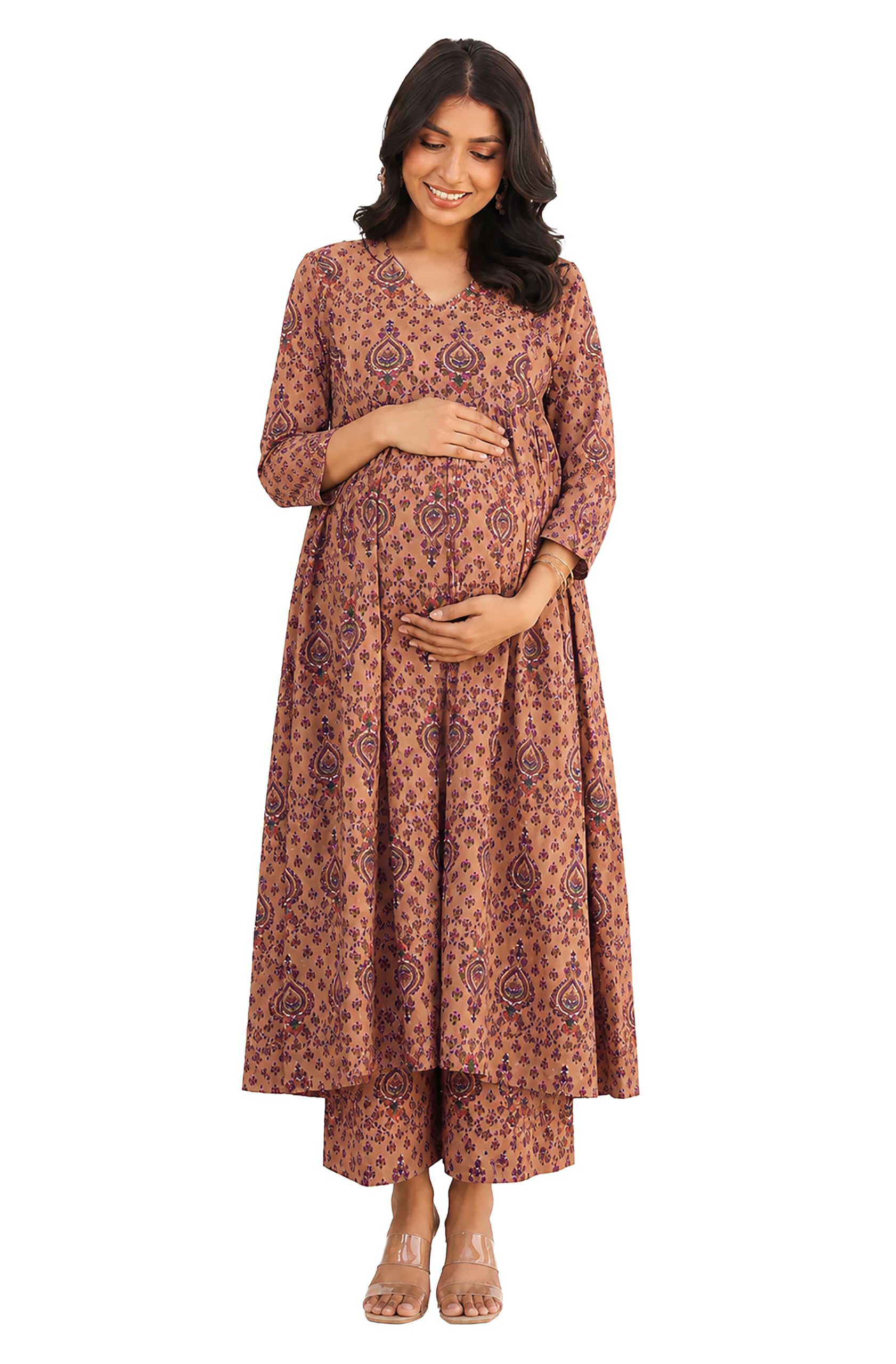 Women's light Brown Pure Cotton Ethnic Motifs Printed A-Line Maternity Kurta with Pant Set-image-21
