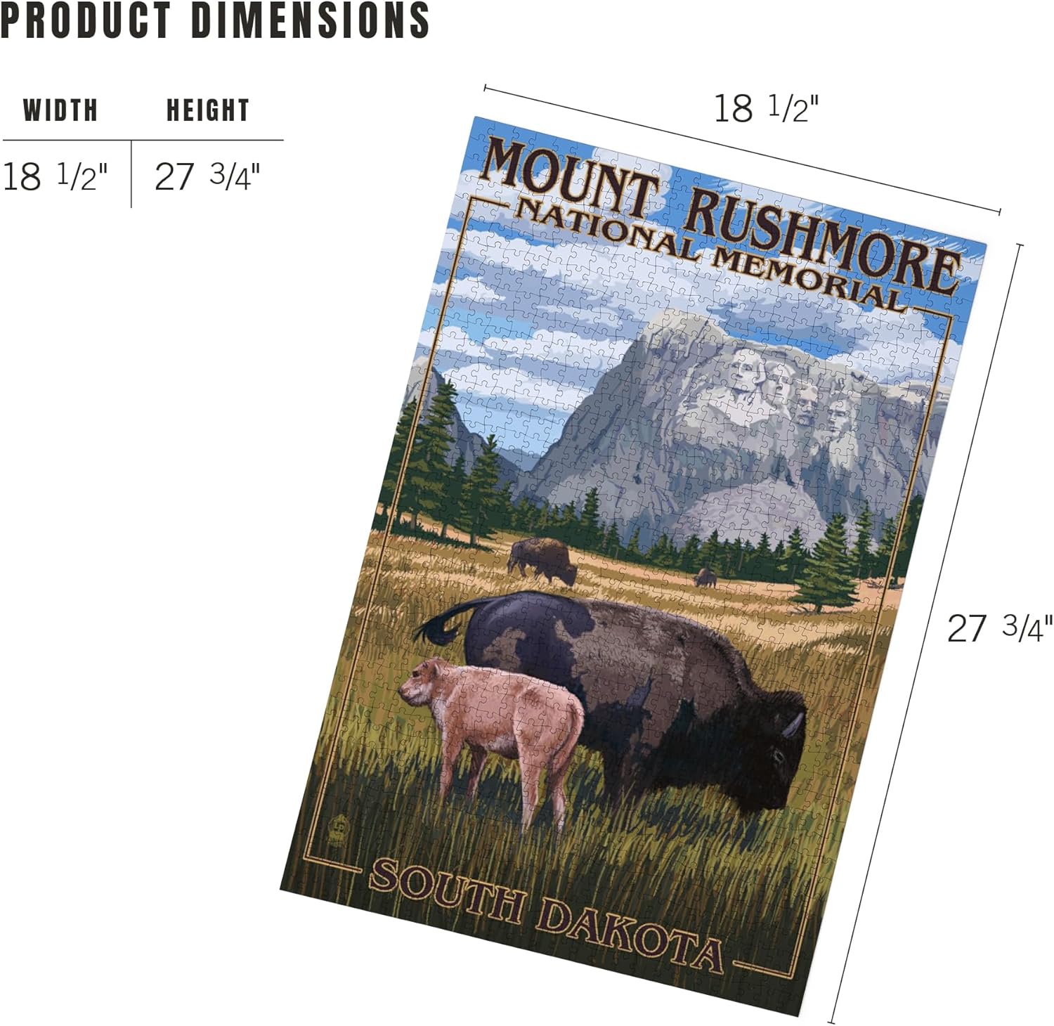 Lantern Press Mount Rushmore National Memorial, South Dakota, Bison Scene 1000 Piece Jigsaw Puzzle for Adults, Made in USA with Reference Poster