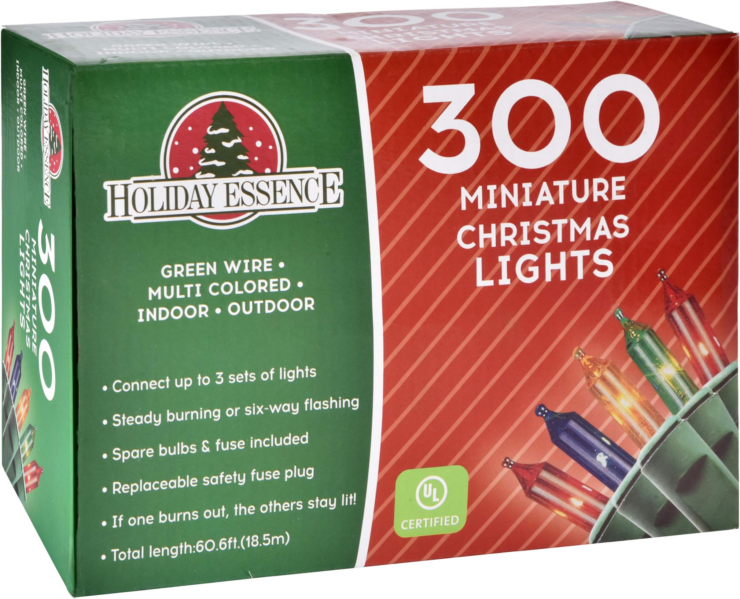 Holiday Essence 300 Multi-Color Christmas Lights, with Green Wire โ Professional Grade for Indoor/Outdoor Use โ Static + Flashing