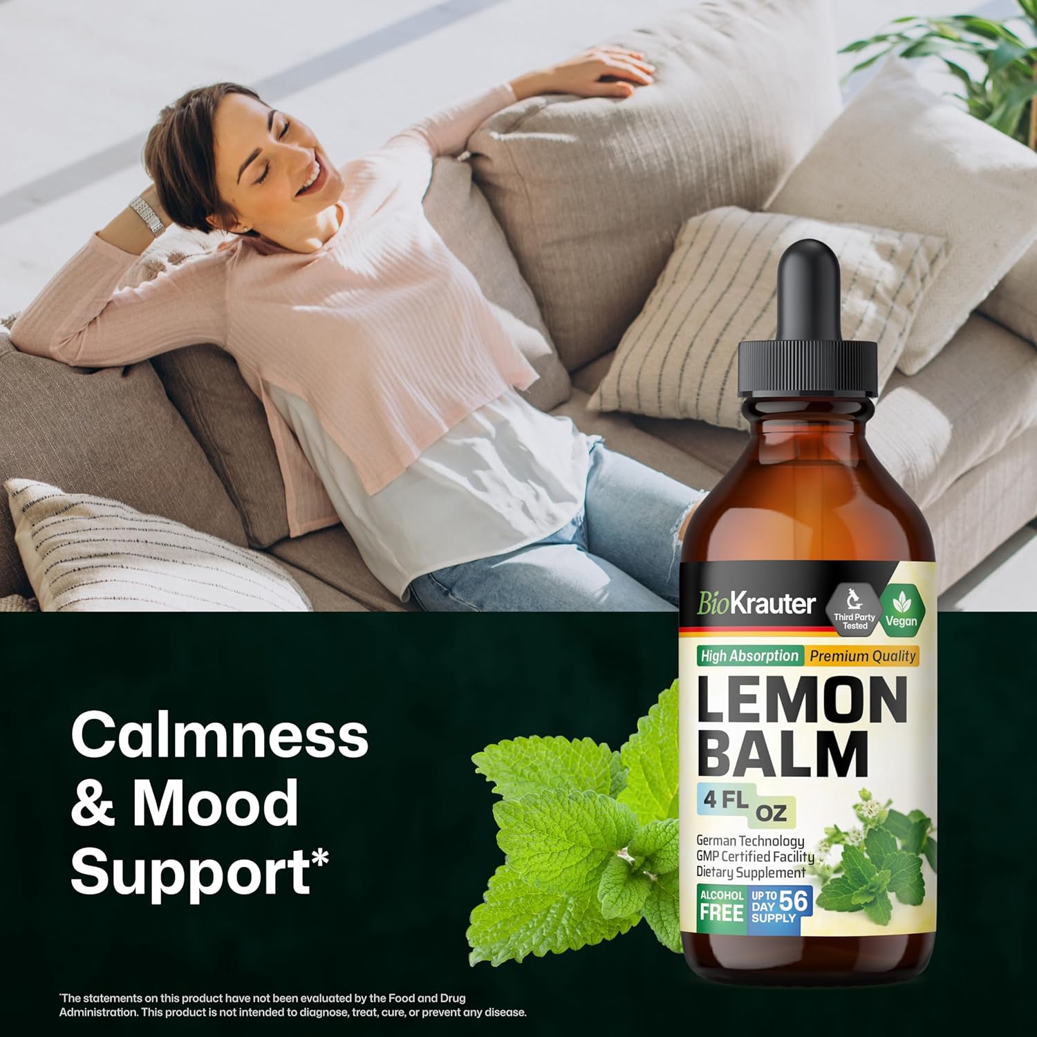 BIO KRAUTER® Lemon Balm Tincture 680 mg Melissa Officinalis - Pure Vegan Lemon Balm Extract 4 Fl.Oz 56 Days of Supply - Natural Calming & Sleep Support - Alcohol & Sugar Free - Digestion & Relaxation