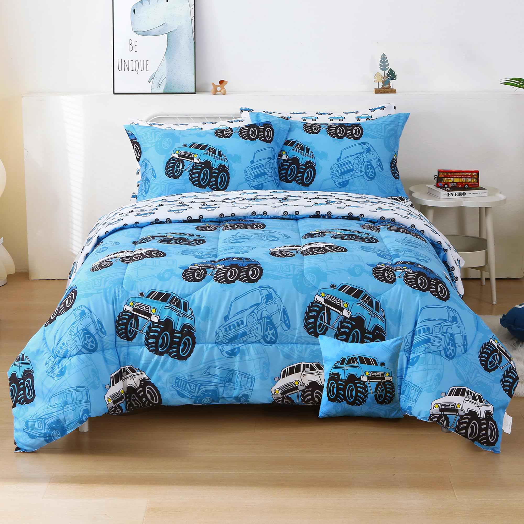 Mooreeke Kids Twin Comforter Sets for Boys 6 Pieces Truck Blue Bedding Set for Teens Soft Microfiber Kids Bed in A Bag with Comforter, Sheet Set, Shams and Decorative Toy Pillow All Season