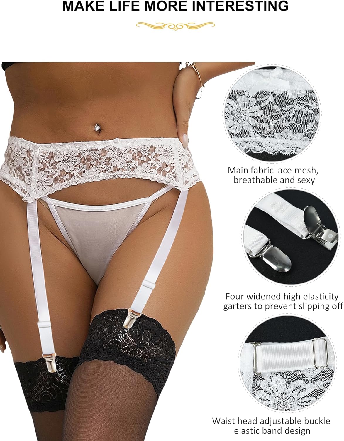 ohmydear Lace Plus Size Garter Belt for Women Floral Black Sexy Lingerie Suspenders Panties with 4 Metal Clips for Stocking - Image 3