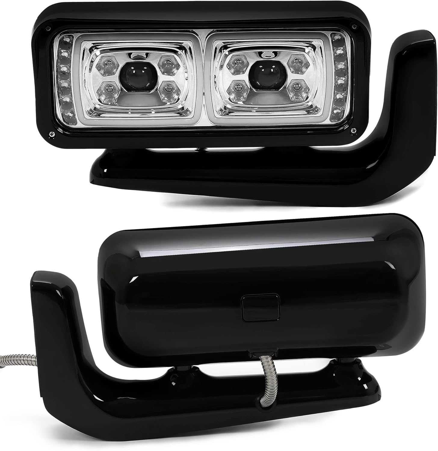 Rear view of the LED headlight showing the wiring harness and adjustment points.