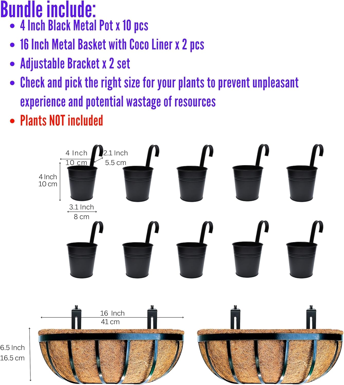 LaLaGreen Bundle- 10 Pack,4 Inch Black Metal Pot + 2 Pack, 16 Inch Metal Basket with Coco Liner Hanging Balcony Railing Fence Over Rail Farmhouse Style Rustic Garden Outdoor Decor Planter with Bracket