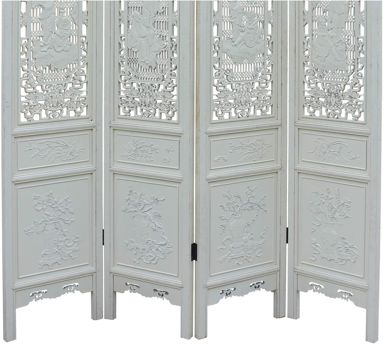 Chinese Distressed Off-White Lacquer 8 Immortal Wood Panel Floor Screen Acs5093