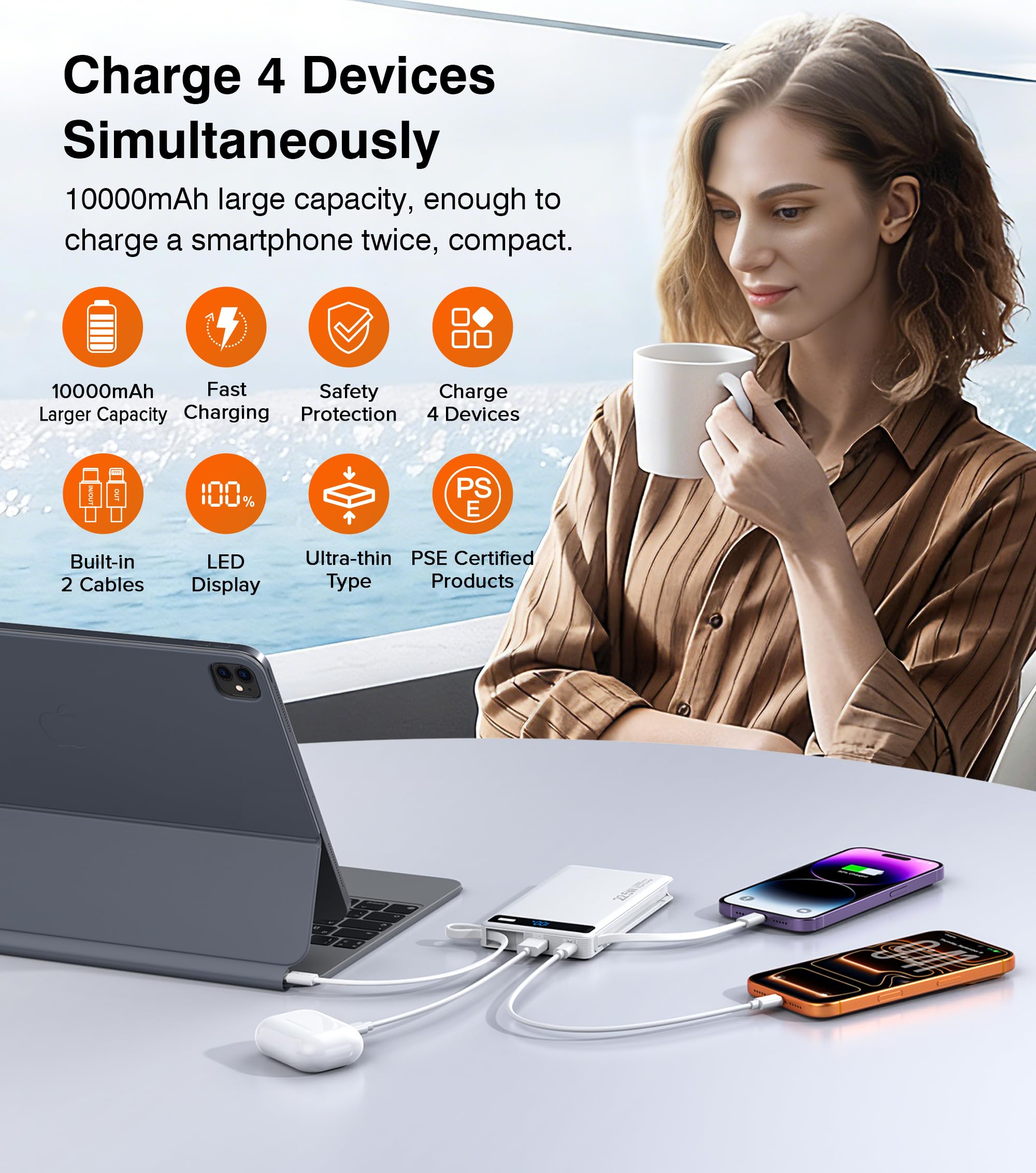Power Bank con doppi cavi integrati, ricarica rapida da 10000 mAh, caricabatterie portatile PD da 22,5 W con display del livello della batteria e 4 porte, compatibile con iPhone 17/16/15/14