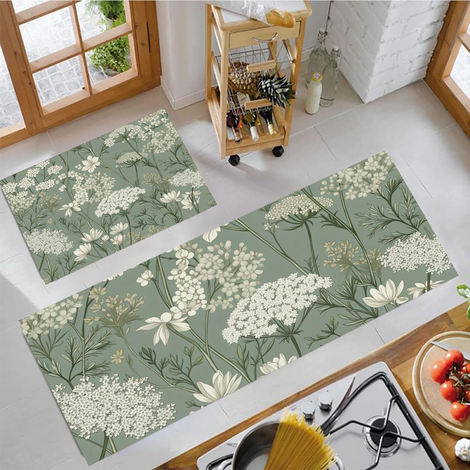 Alfombra de cocina lavable verde oscuro pack de 2 alfombrillas antideslizantes de 120 y 75 cm