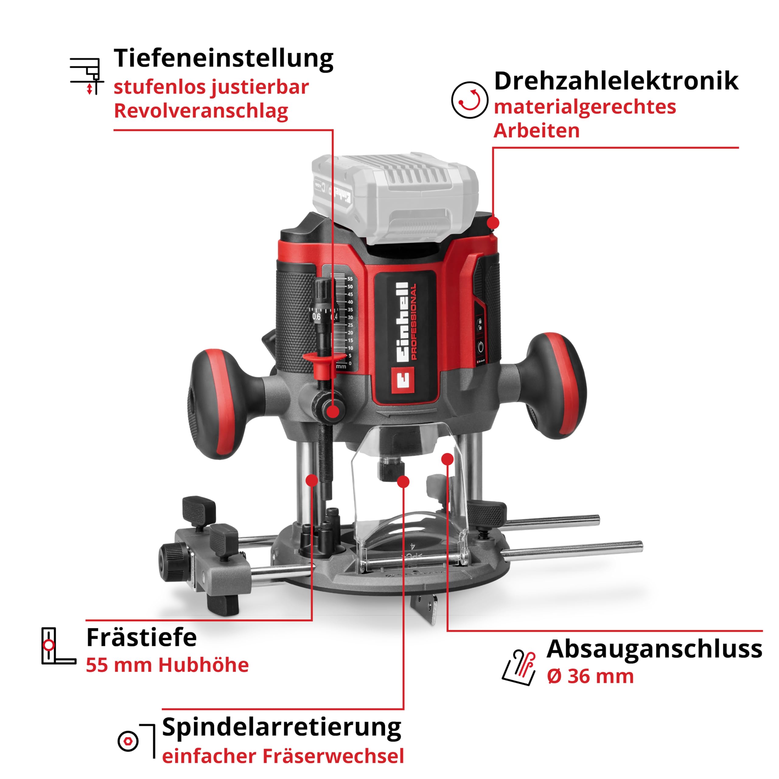 Einhell Professional Akku-Oberfräse TP-RO 18/55 Li BL - Solo Power X-Change (18 V, Hubhöhe 55 mm, Brushless, inkl. Parallelanschlag, Werkzeug, ohne Akku & Ladegerät)