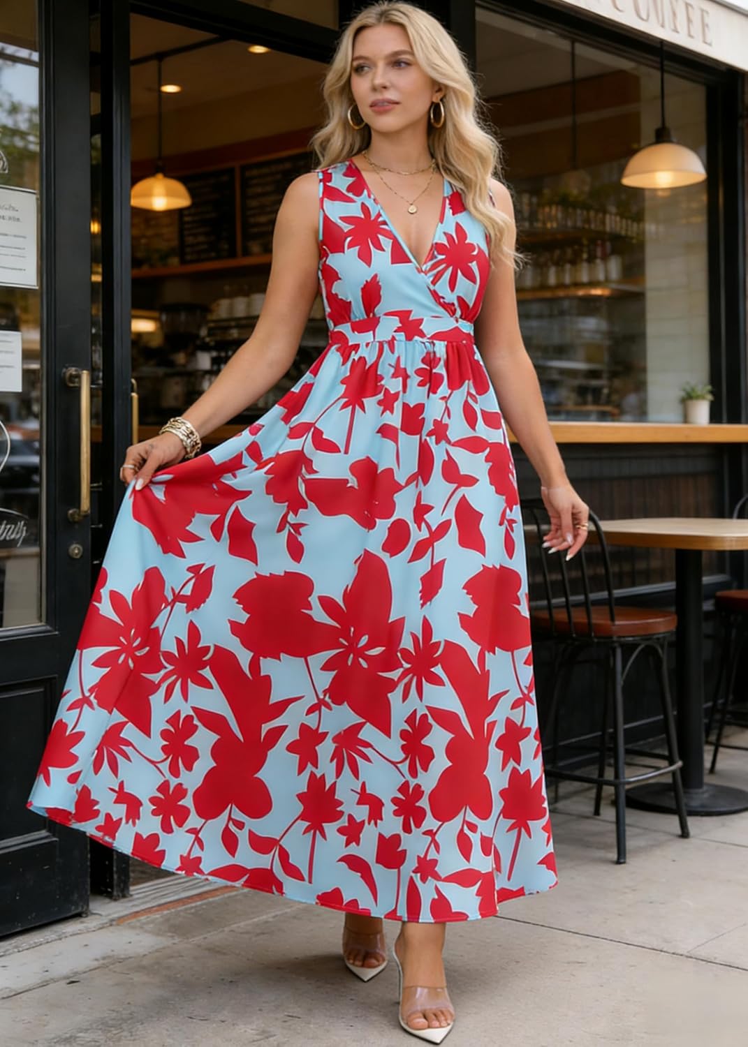 Women's V-Neck Wrap Floral Maxi Dress Sleeveless Empire Waist 2026 Summer Beach Vacation Flowy Dress - Image 5