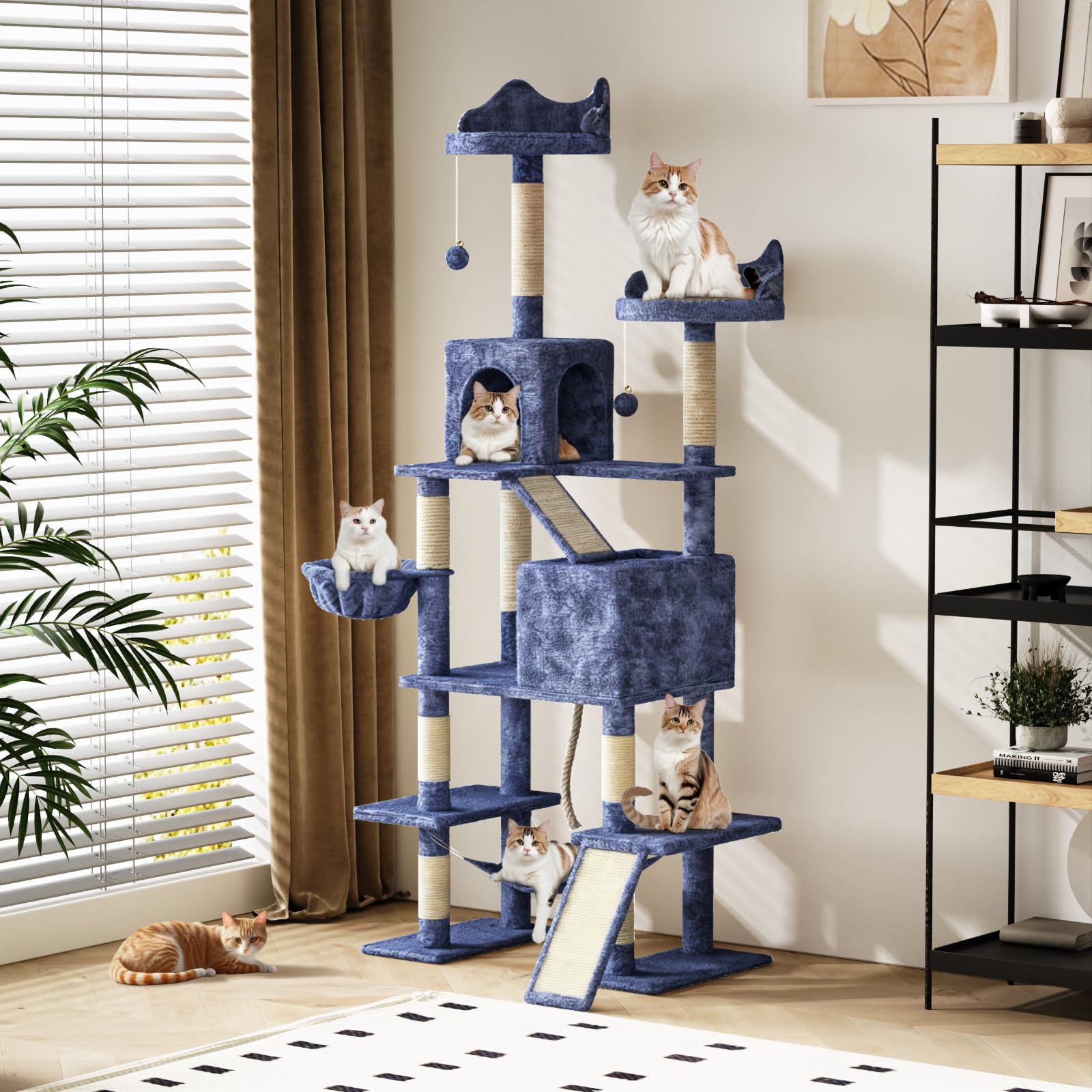 TRIUMPHKEY Alberi per Gatti,209cm Grande Alberi Tiragraffi con Cuccia per Gatti,Tiragraffi Gatto Stabile Multilivello,Alberi per Attività per Gatti con Palo in Sisal, Amaca (blu chiaro)