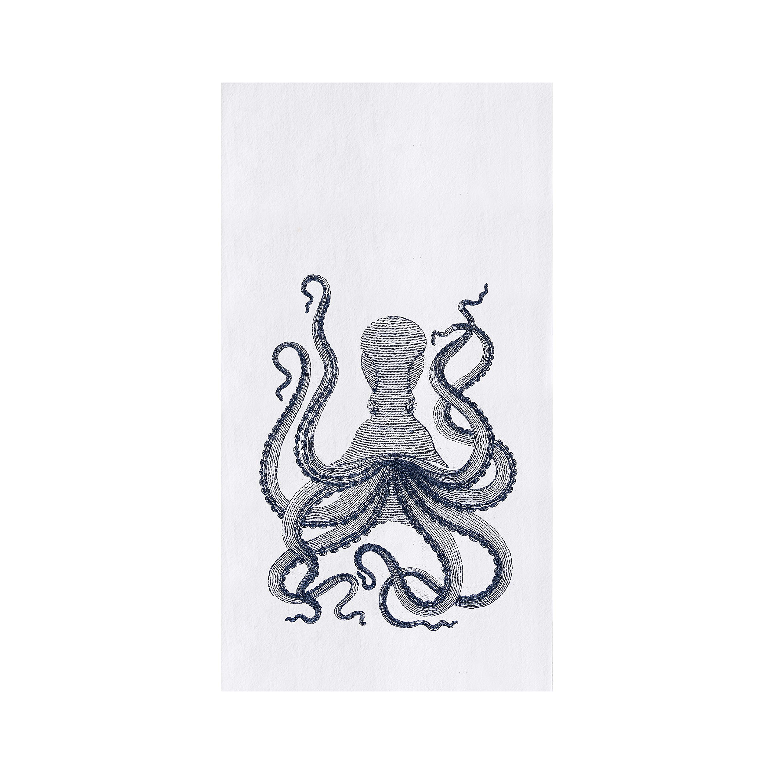 Torchon octopus bleu brodé anti-peluches blanc lavable en machine pour vaisselle délicate
