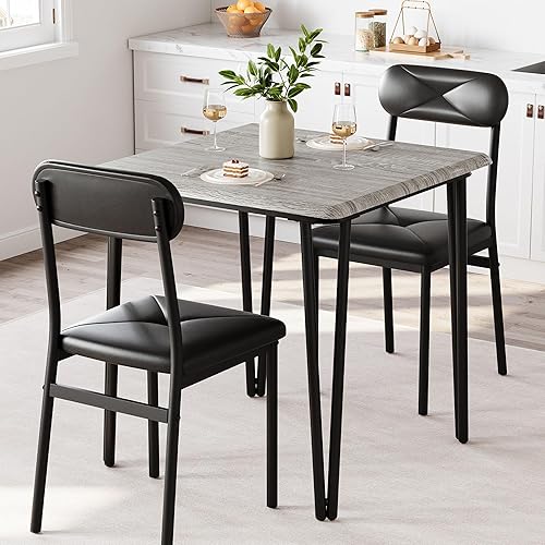 GarveeHome Juego de mesa de comedor para 2, mesa de cocina con sillas tapizadas para cocina y espacios pequeños (gris, mesa con 2 sillas)