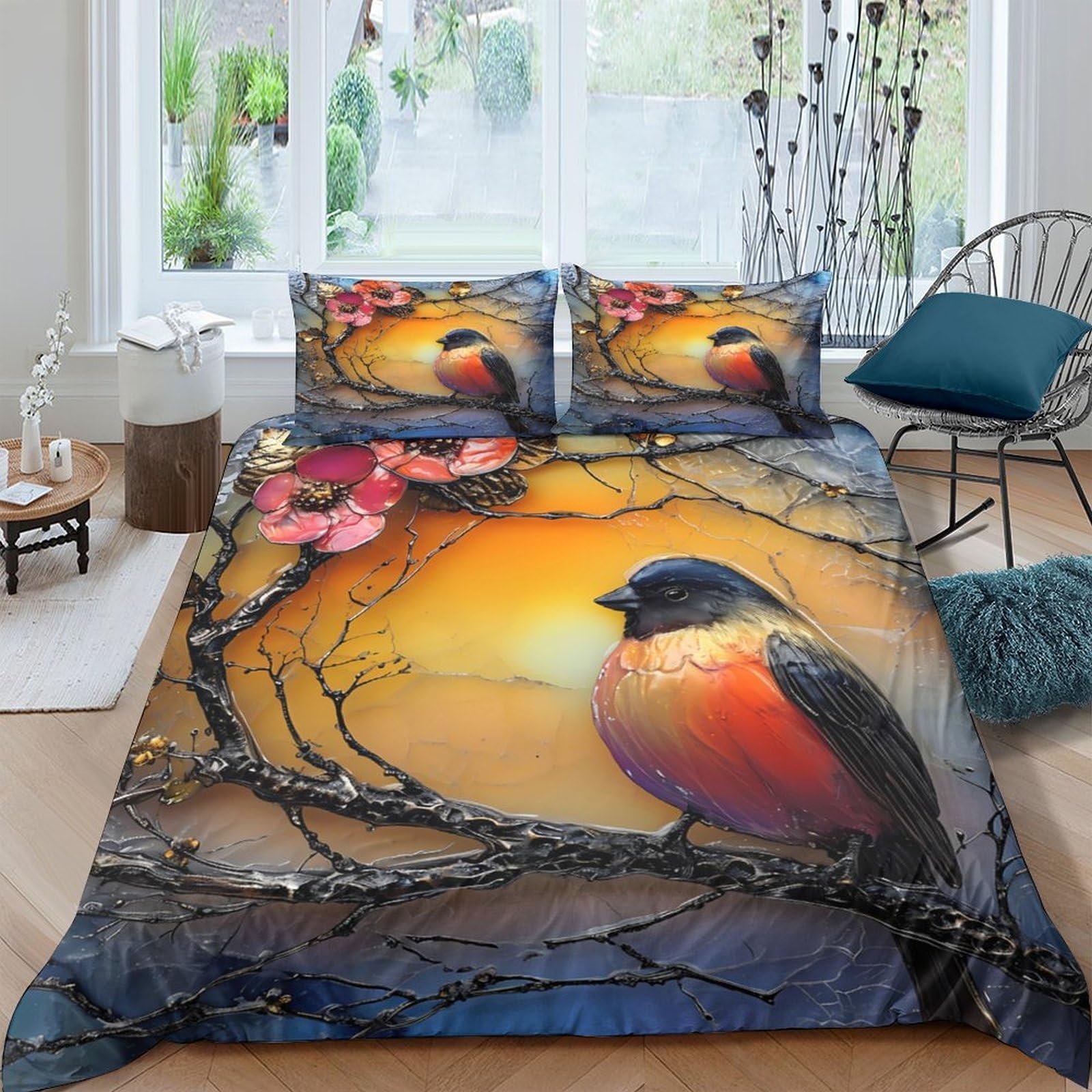 Ctjqhvkz Style-7 3D Printed Sunset Bird Fitted Sheet Microfiber Soft Bedroom Decor Flower Branch Mattress Cover Washable Single（135X200cm）