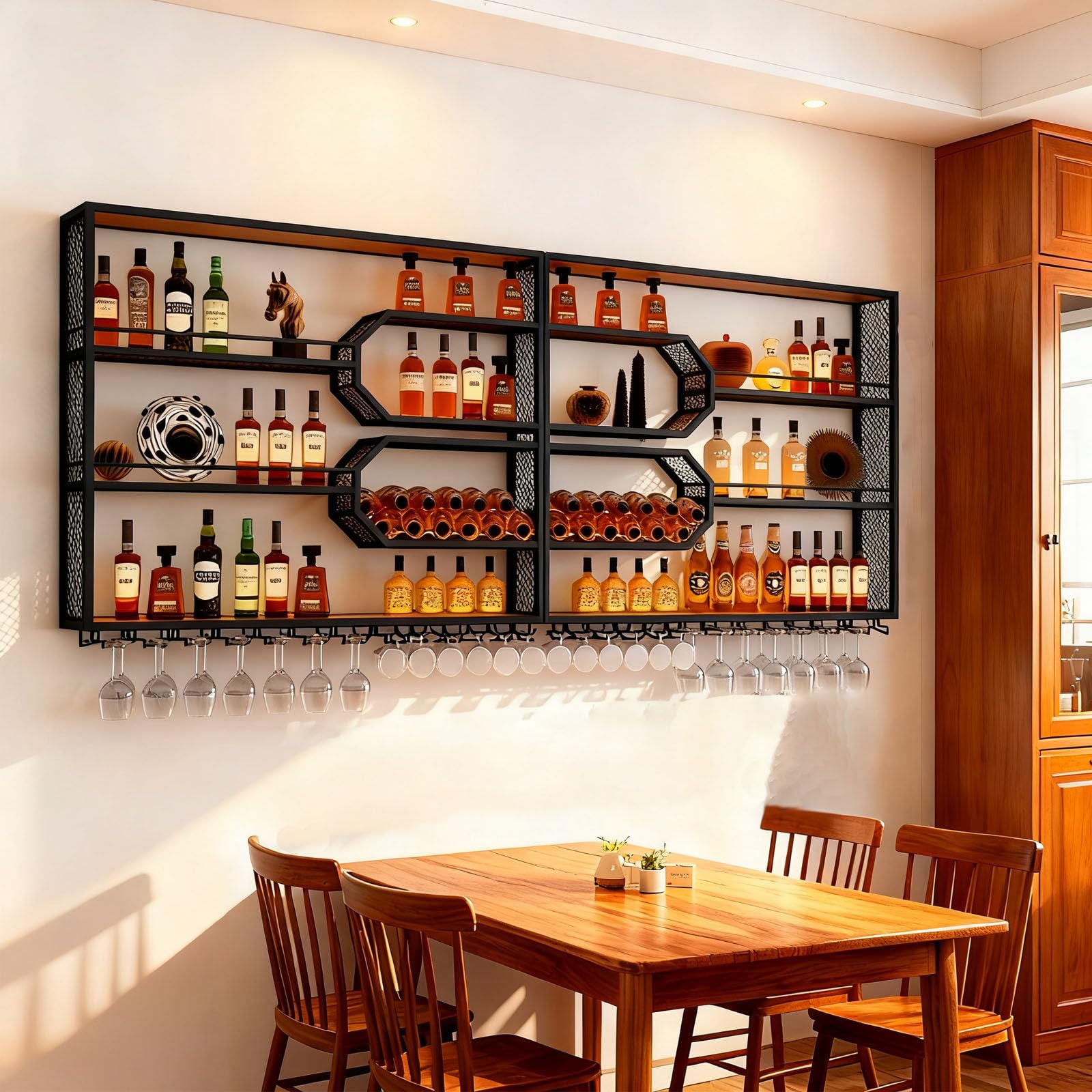 Modernes Wand-Weinregal, 3 Schicht Hängend Bar Regale Aufbewahrung mit Glashalter, Metall Wand montiert Wein Display Rack für Bars Restaurants und Küche (Schwarz, 300cm)