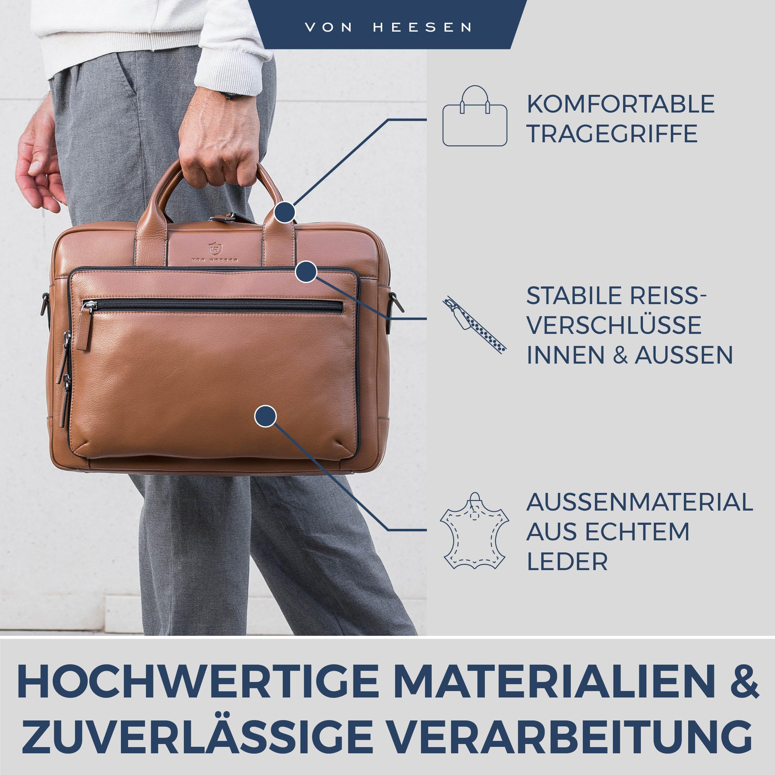 VON HEESEN Umhängetasche & Laptoptasche aus echtem Leder bis 16 Zoll - Aktentasche Herren & Damen - Luxuriöse Echtleder Arbeitstasche für Büro & Alltag