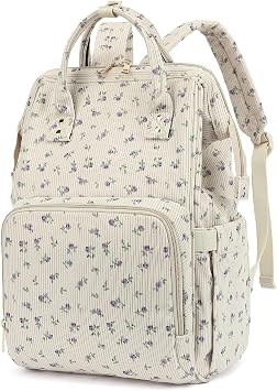 College Laptop Backpack, Travel Backpack for Women, Corduroy Casual Daypack, School Backpack Bookbag for Girls Beige Corduroy Floral Purple