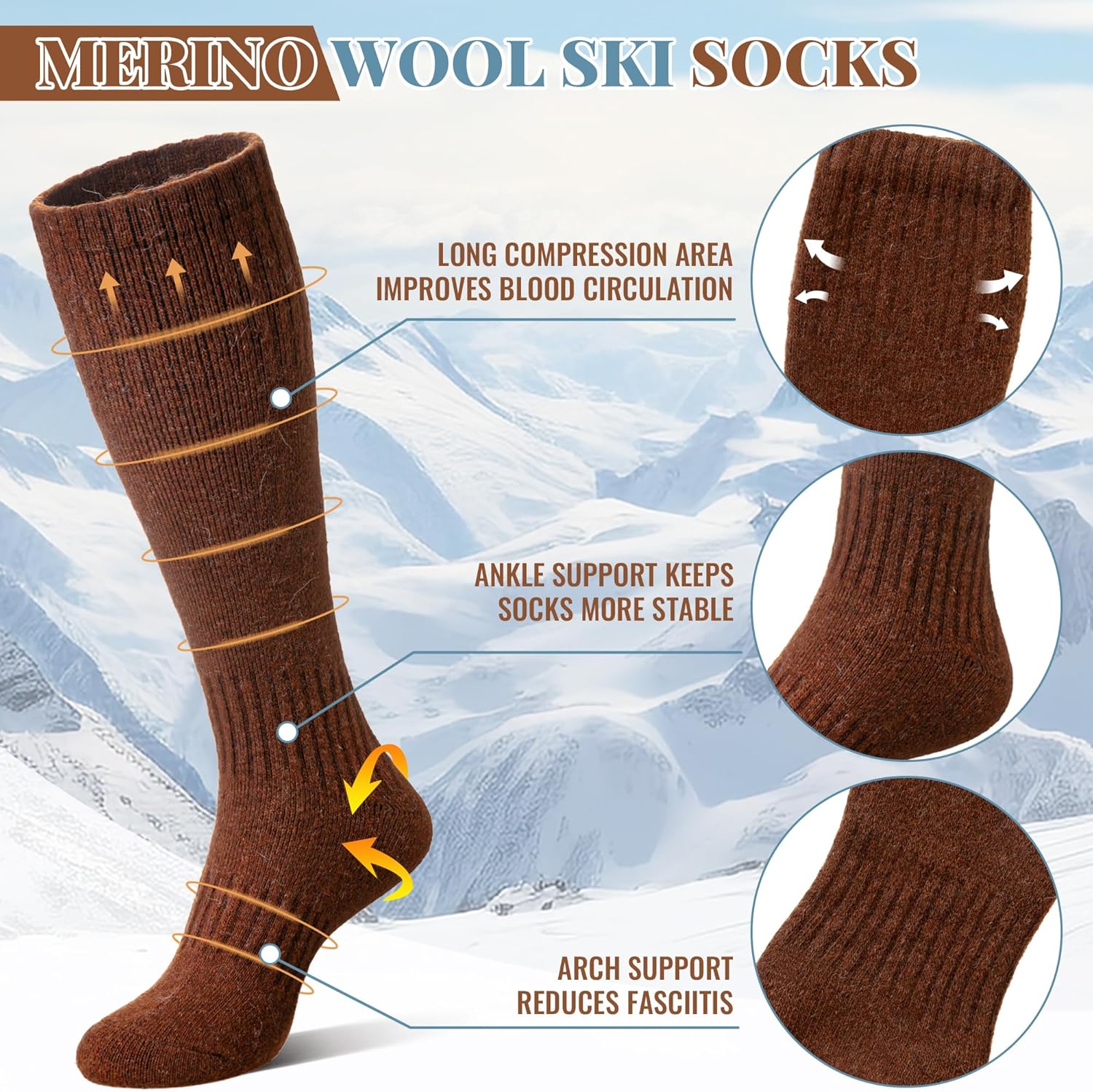 Eocom Unisex Merino Wool Ski Socks Thermal Warm Winter Thick Knee High Long Snowboarding Boot Socks for Women Men 3 Pairs - Image 4