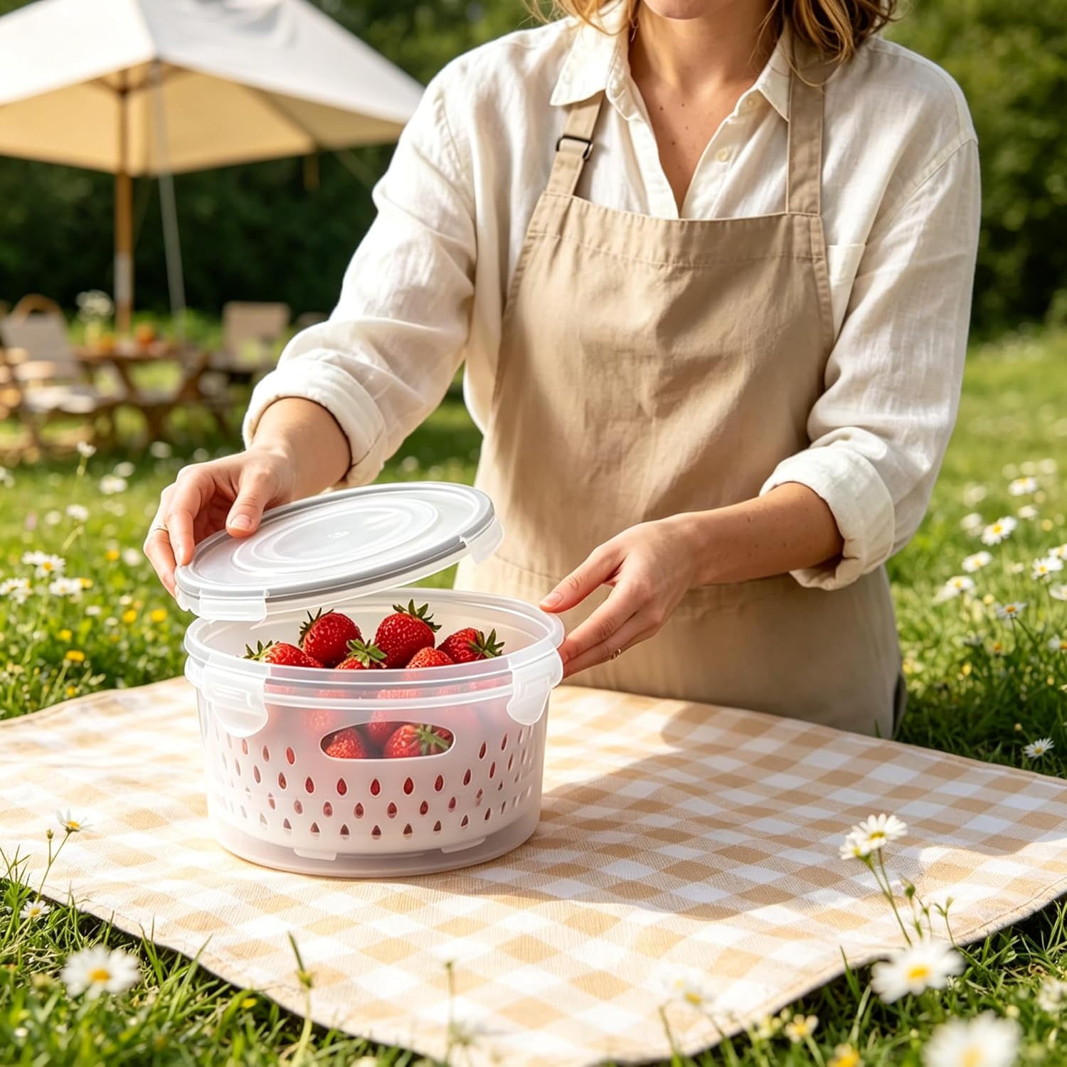 Fruit Storage Containers for Fridge Round S+M+L, 4-in-1 Reusable Food Containers for Fridge with Removable Colander, Airtight Fruit Containers.