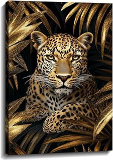 Leopard Canvas Wall Art Gold Leaves Picture Black Poster African Theme J...